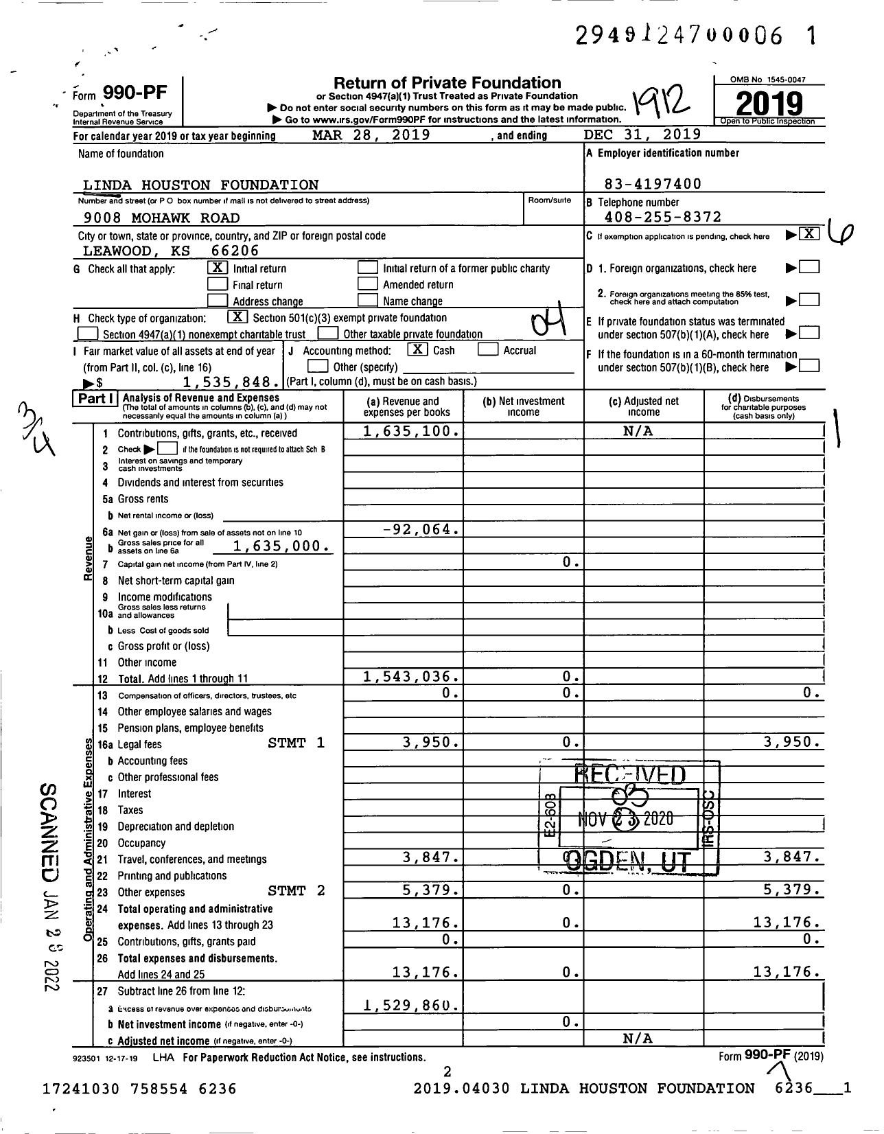 Image of first page of 2019 Form 990PF for Linda Houston Foundation