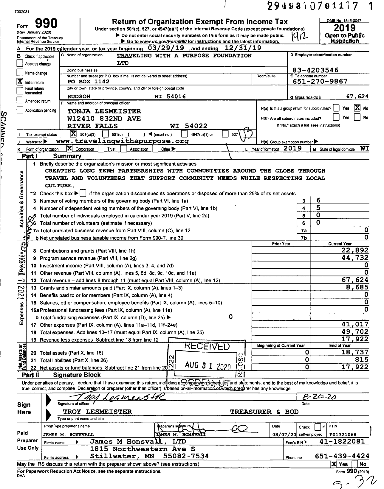 Image of first page of 2019 Form 990 for Traveling with A Purpose Foundation