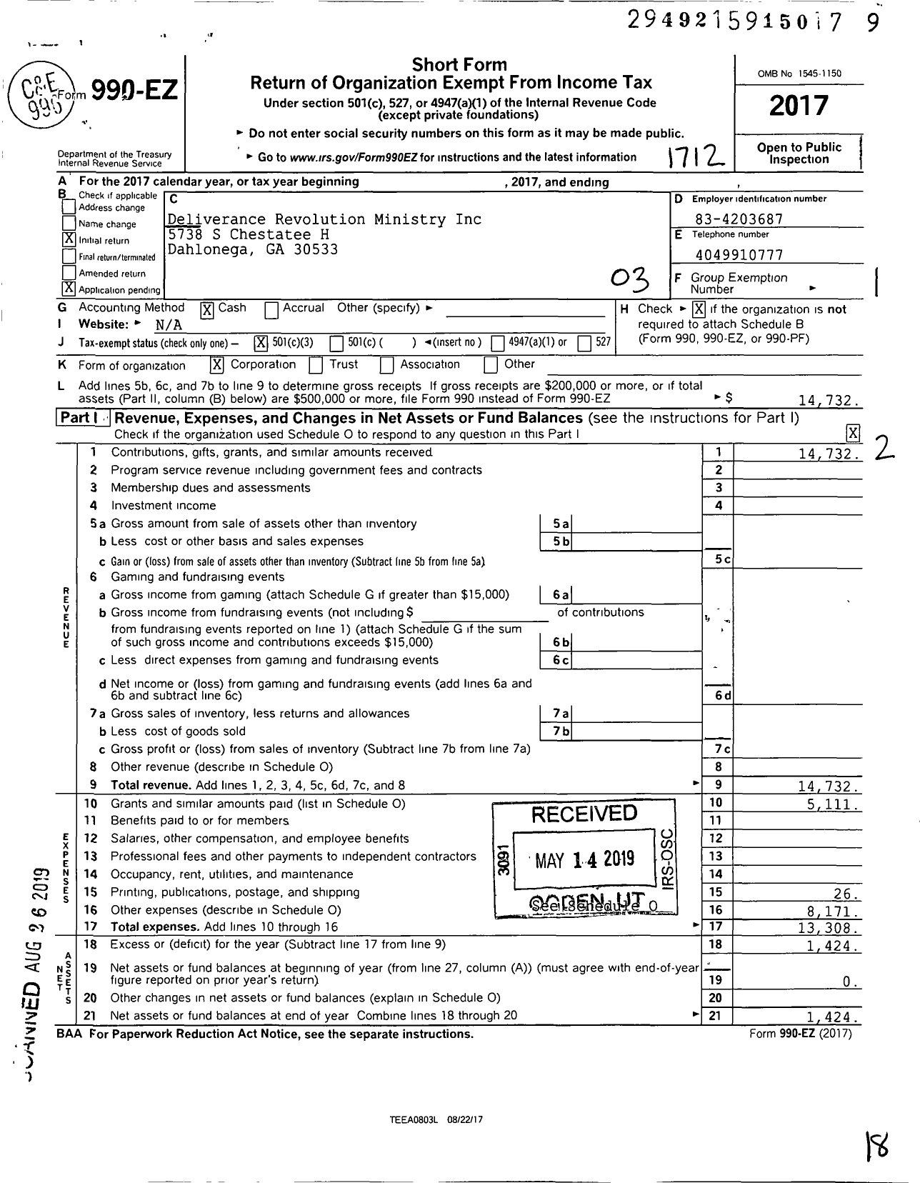 Image of first page of 2017 Form 990EZ for Deliverance Revolution Ministry