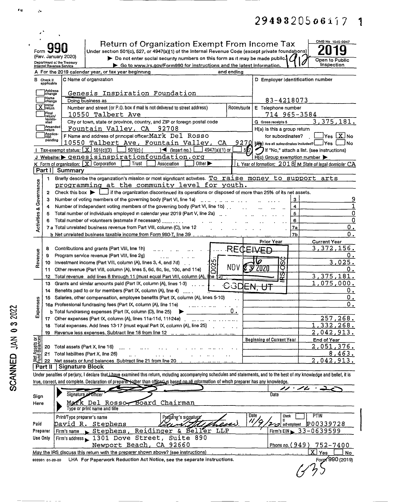 Image of first page of 2019 Form 990 for Genesis Inspiration Foundation