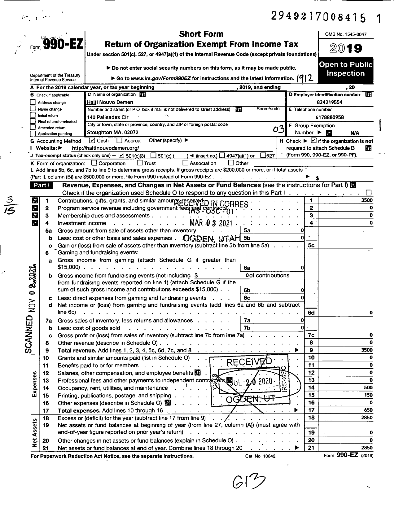 Image of first page of 2019 Form 990EZ for Haiti Nouvo Demen