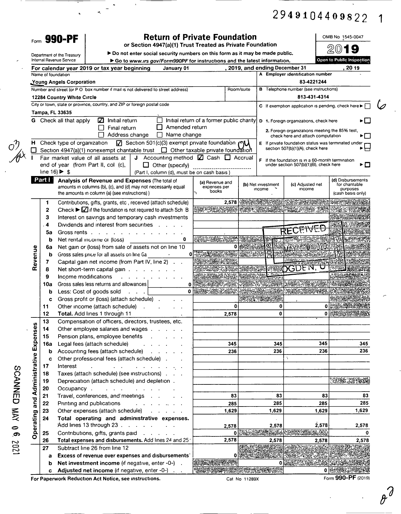 Image of first page of 2019 Form 990PF for Young Angels Corporation