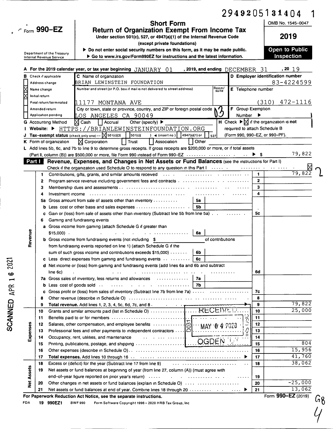 Image of first page of 2019 Form 990EZ for Brian Lewinstein Foundation