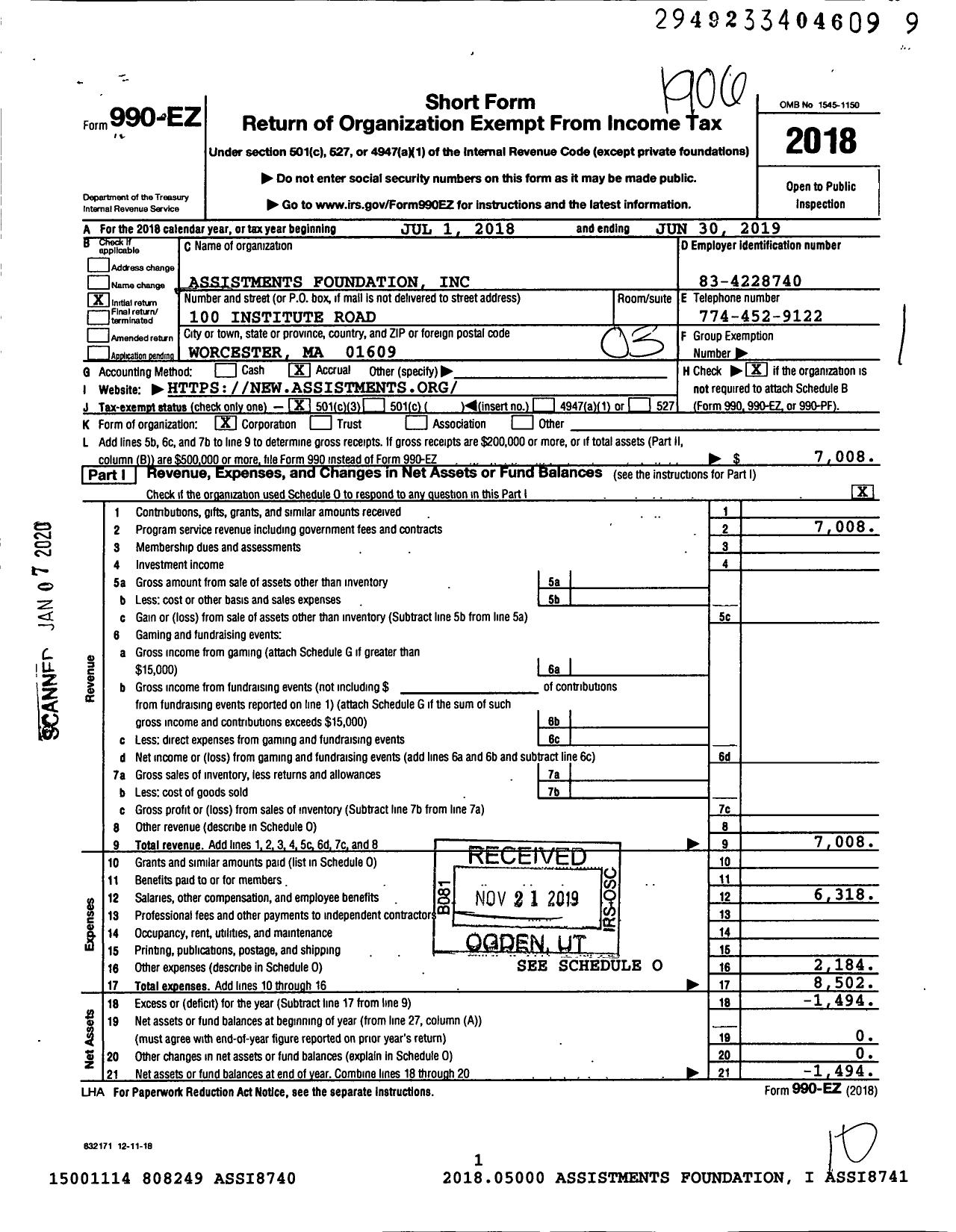 Image of first page of 2018 Form 990EZ for Assistments Foundation