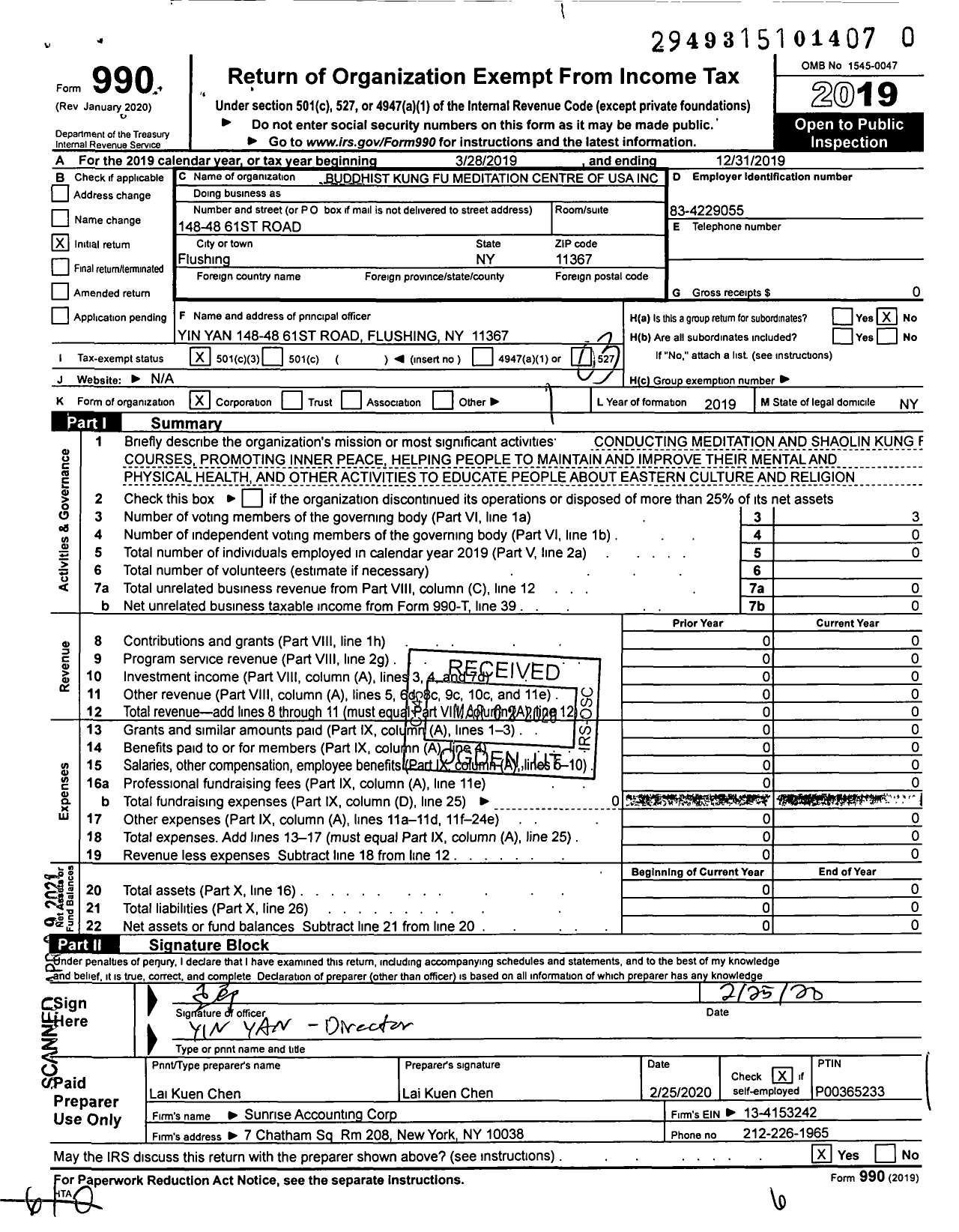 Image of first page of 2019 Form 990 for Buddhist Kung Fu Meditation Centre of USA