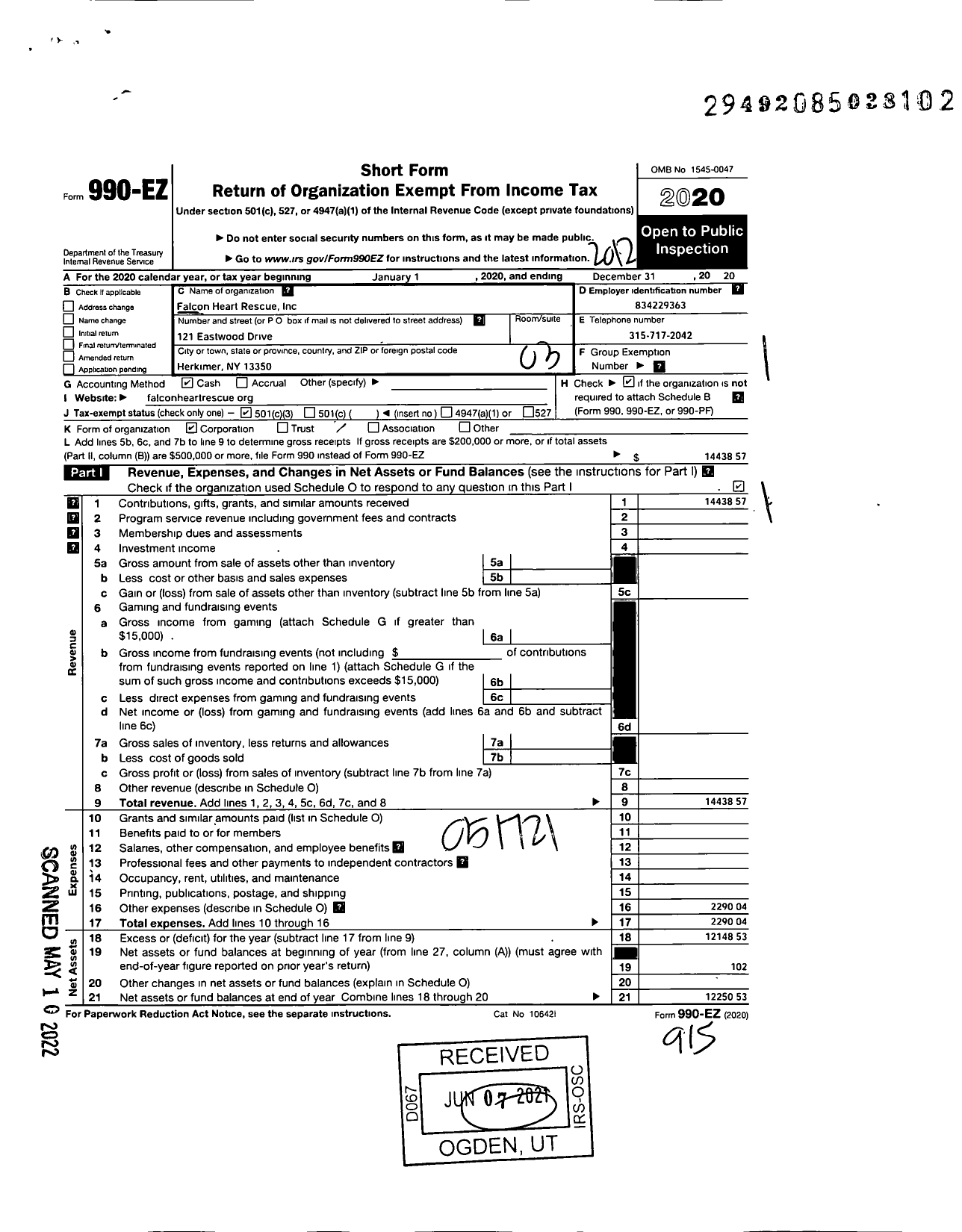 Image of first page of 2020 Form 990EZ for Falcon Heart Rescue