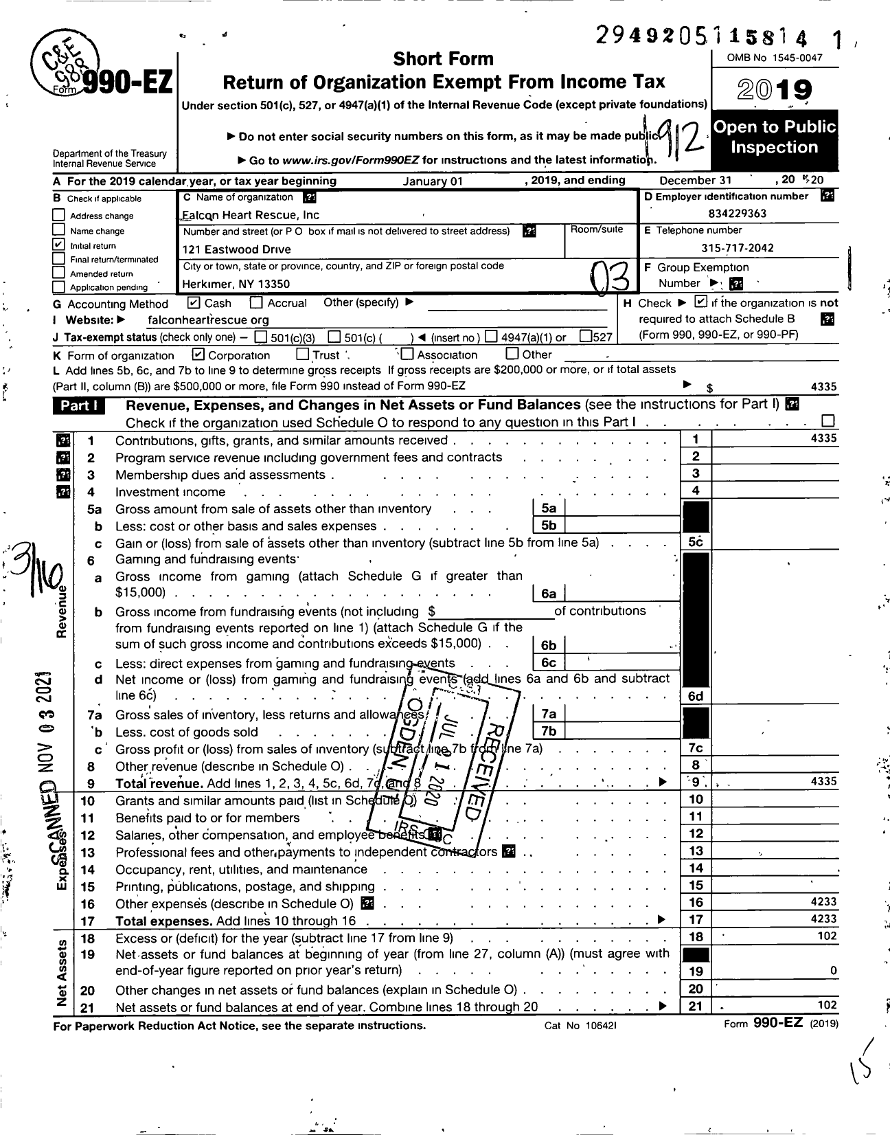 Image of first page of 2019 Form 990EZ for Falcon Heart Rescue