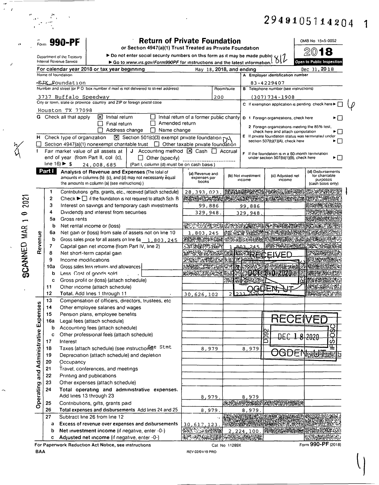 Image of first page of 2018 Form 990PF for Ejk Foundation