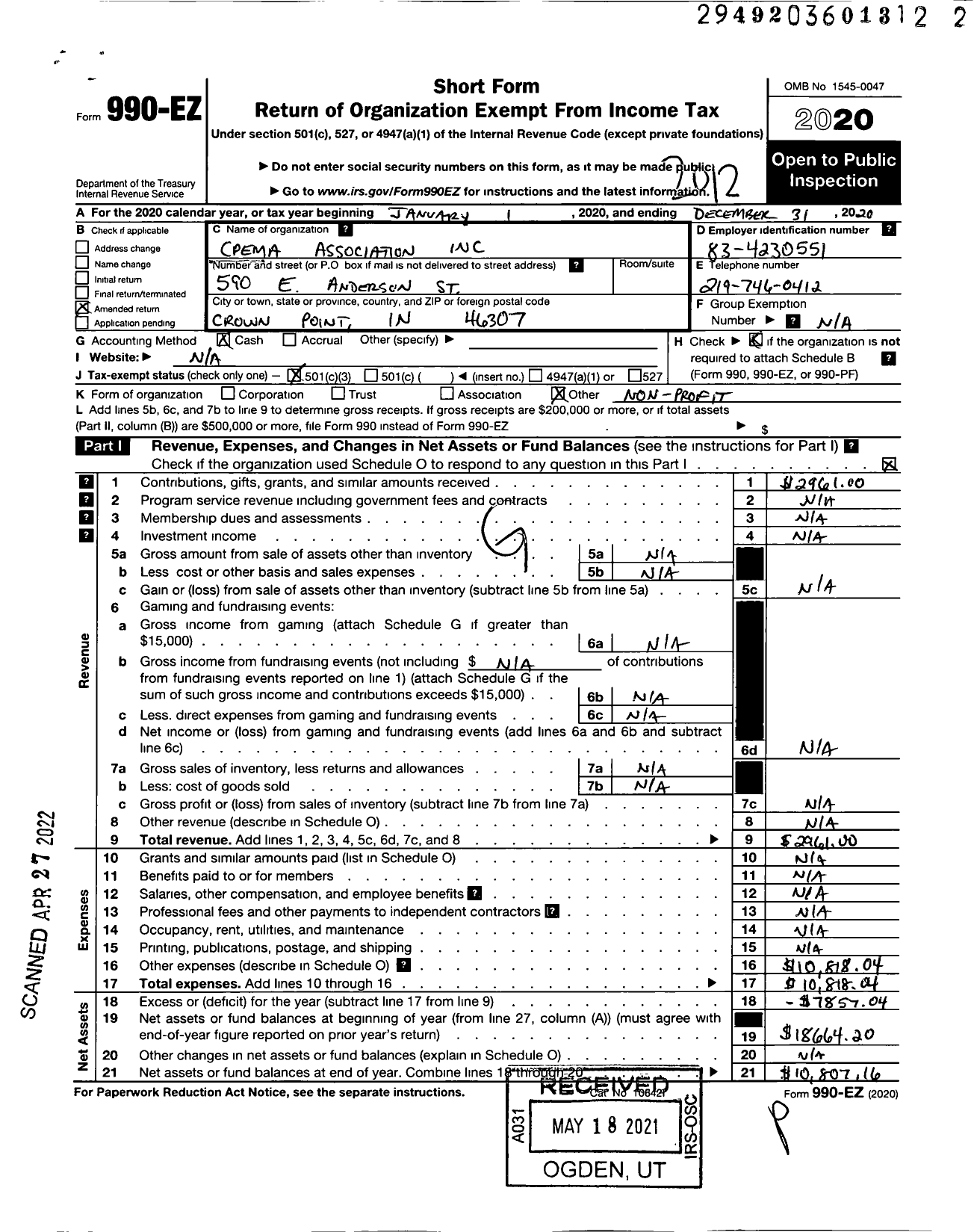 Image of first page of 2020 Form 990EZ for Cpema Association