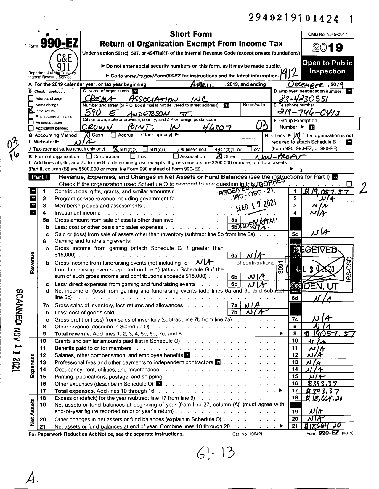 Image of first page of 2019 Form 990EZ for Cpema Association