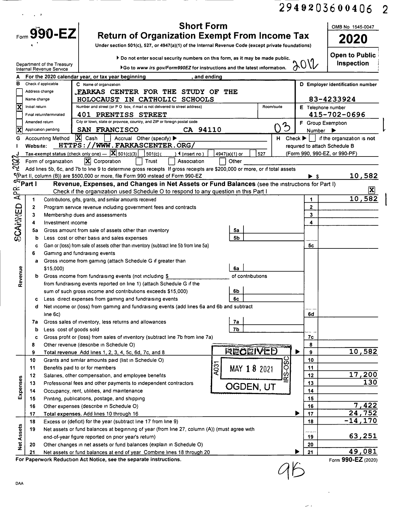 Image of first page of 2020 Form 990EZ for Farkas Center for the Study of the Holocaust in Catholic Schools