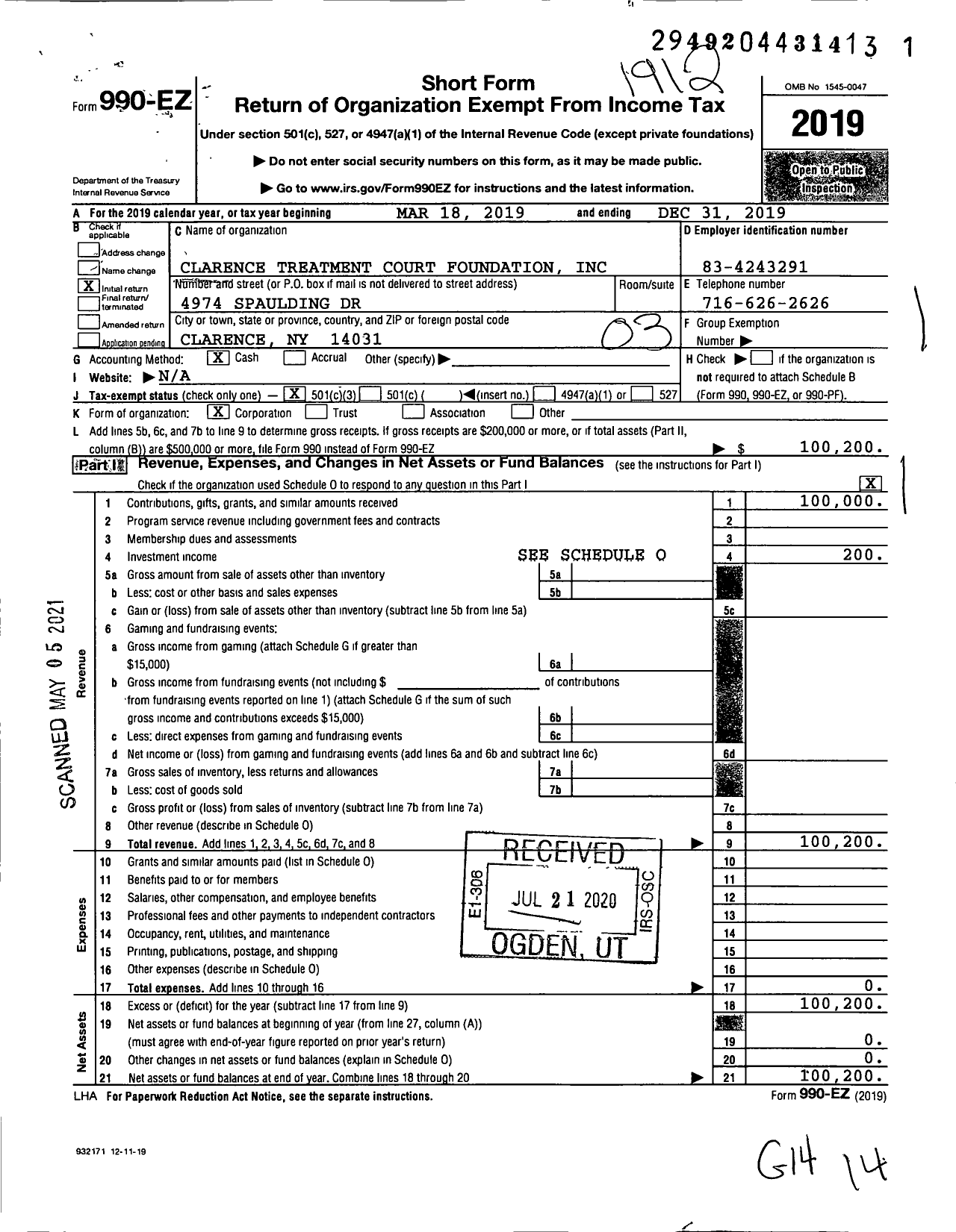 Image of first page of 2019 Form 990EZ for Clarence Treatment Court Foundation