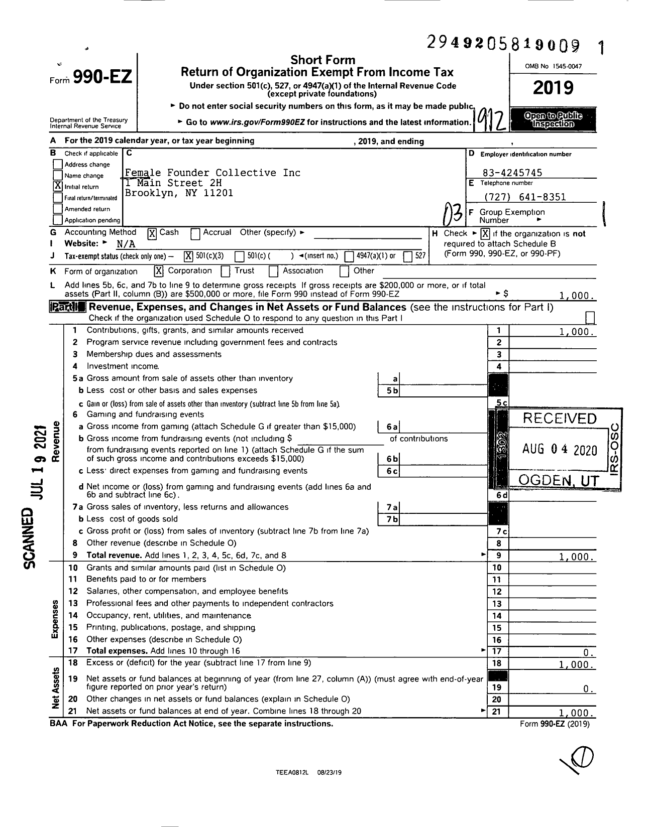 Image of first page of 2019 Form 990EZ for Female Founder Collective