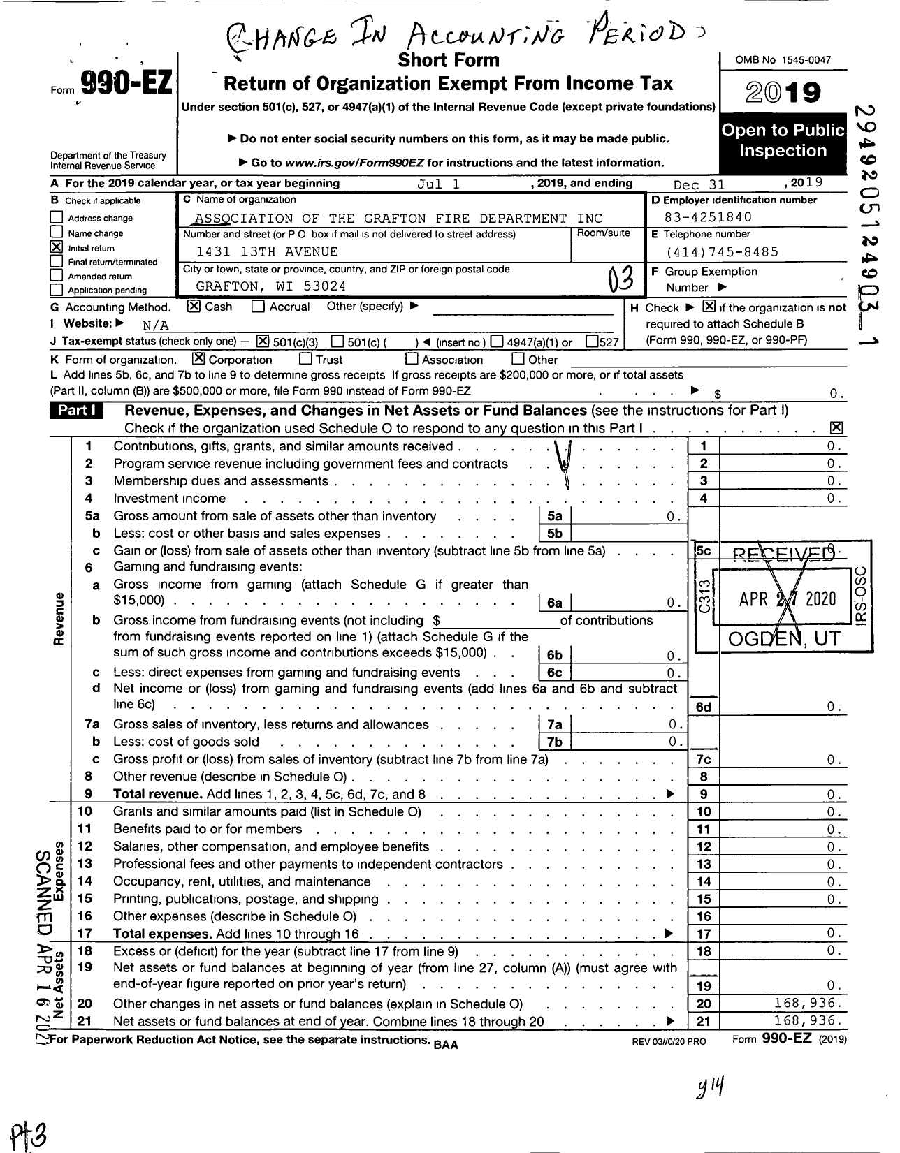 Image of first page of 2019 Form 990EZ for Association of the Grafton Fire Department