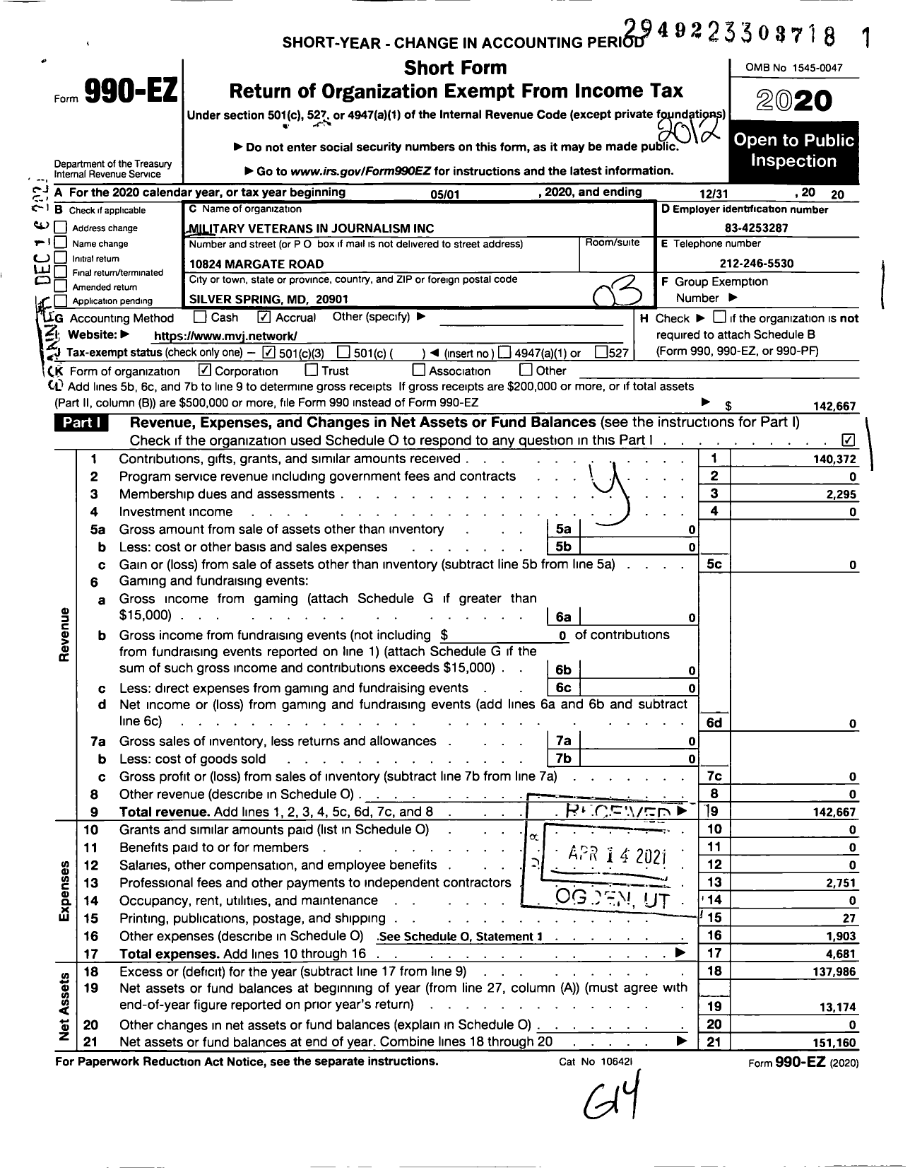 Image of first page of 2020 Form 990EZ for Military Veterans in Journalism