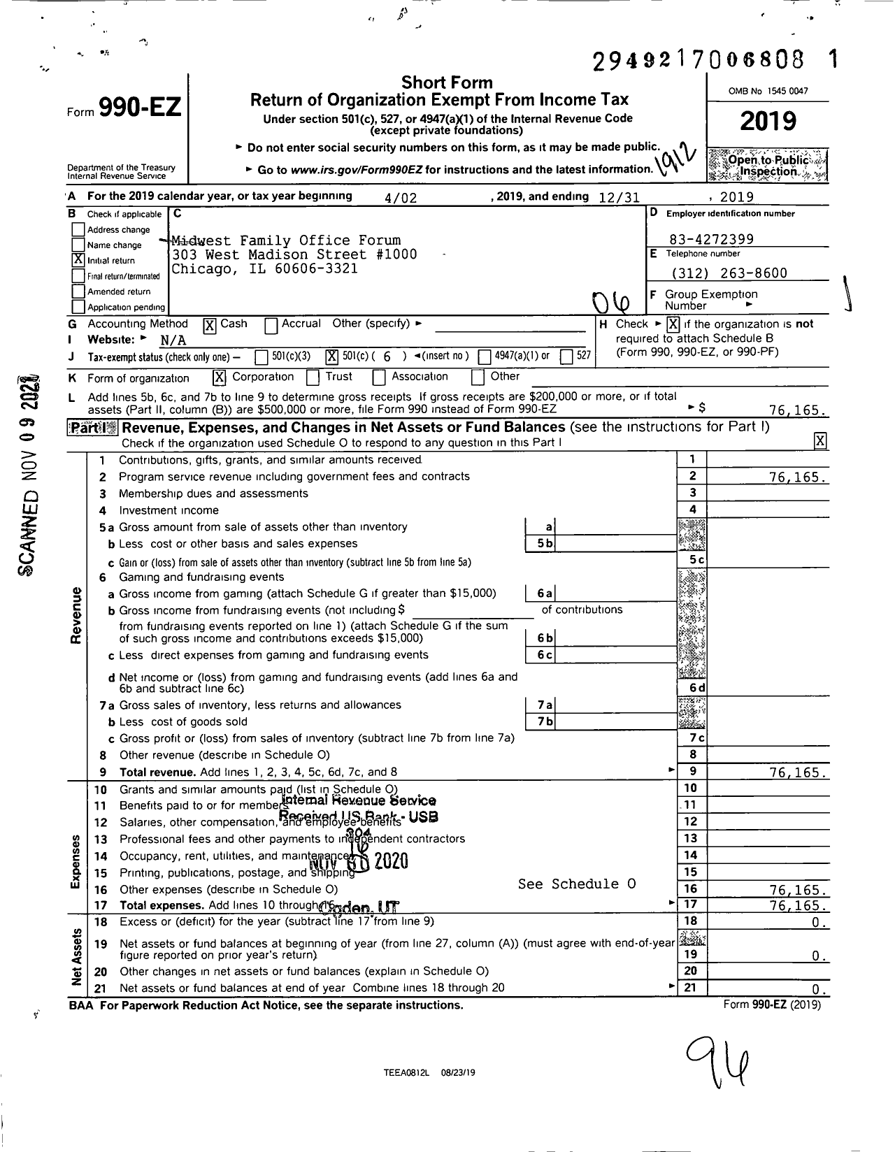 Image of first page of 2019 Form 990EO for Midwest Family Office Forum