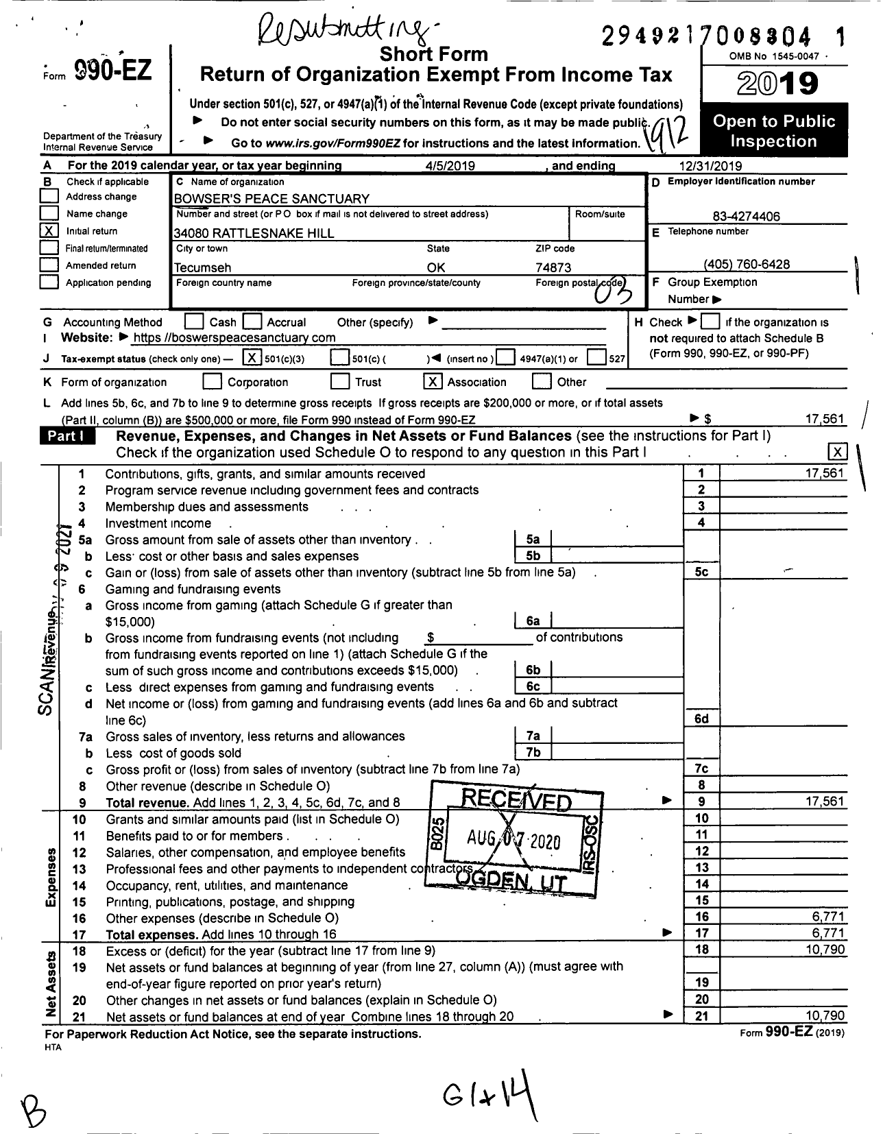 Image of first page of 2019 Form 990EZ for Bowser's Peace Sanctuary