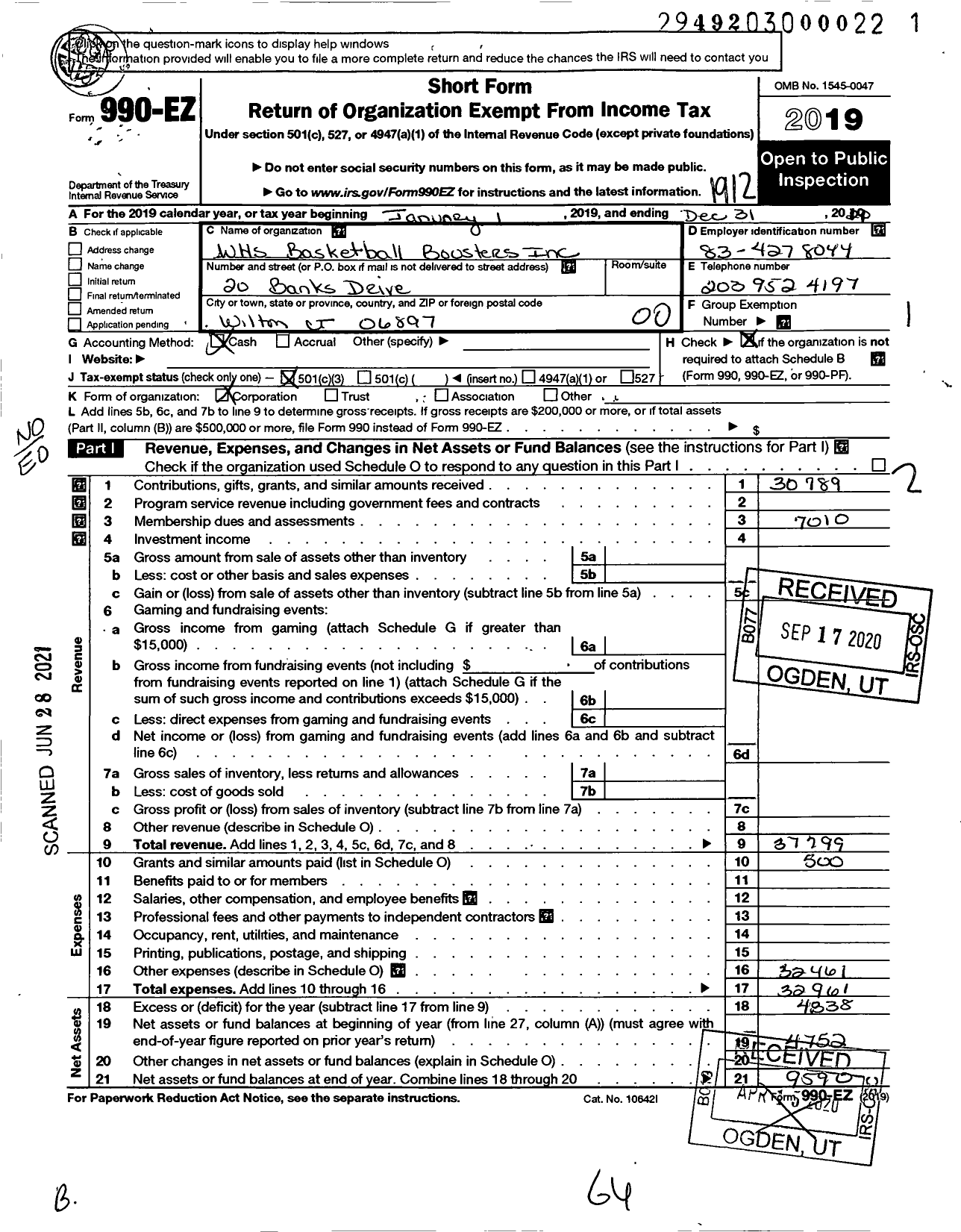 Image of first page of 2019 Form 990EO for WHS Basketball Boosters