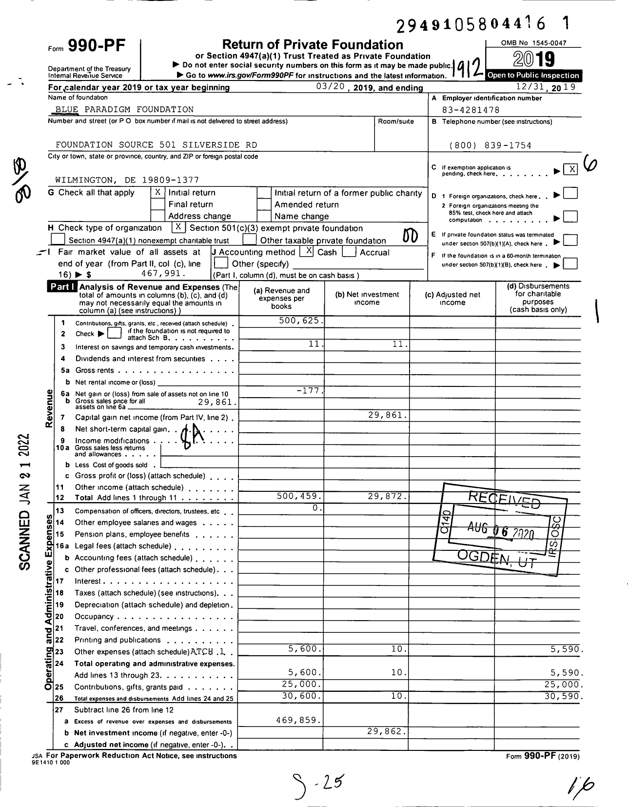 Image of first page of 2019 Form 990PF for Blue Paradigm Foundation