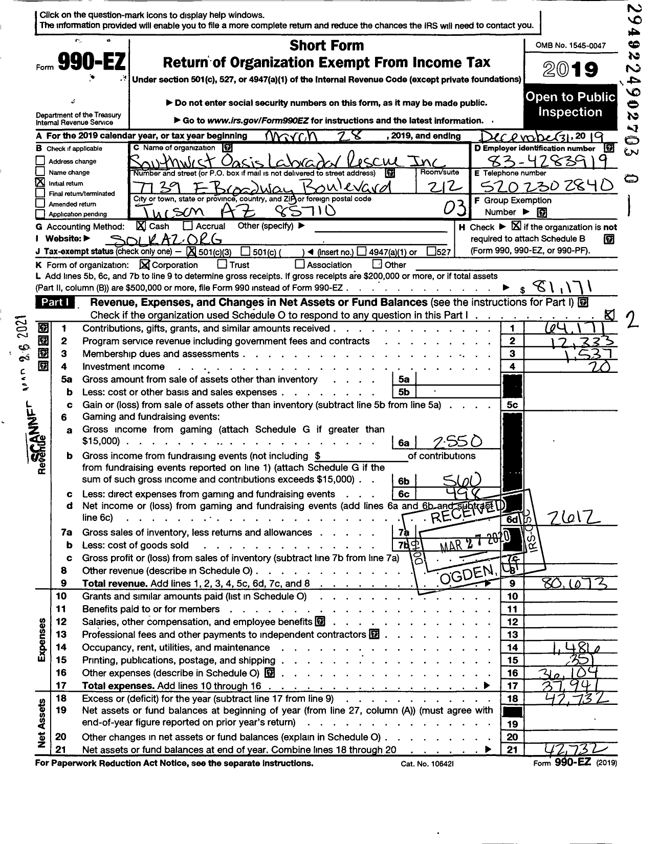 Image of first page of 2019 Form 990EZ for Southwest Oasis Labrador Rescue