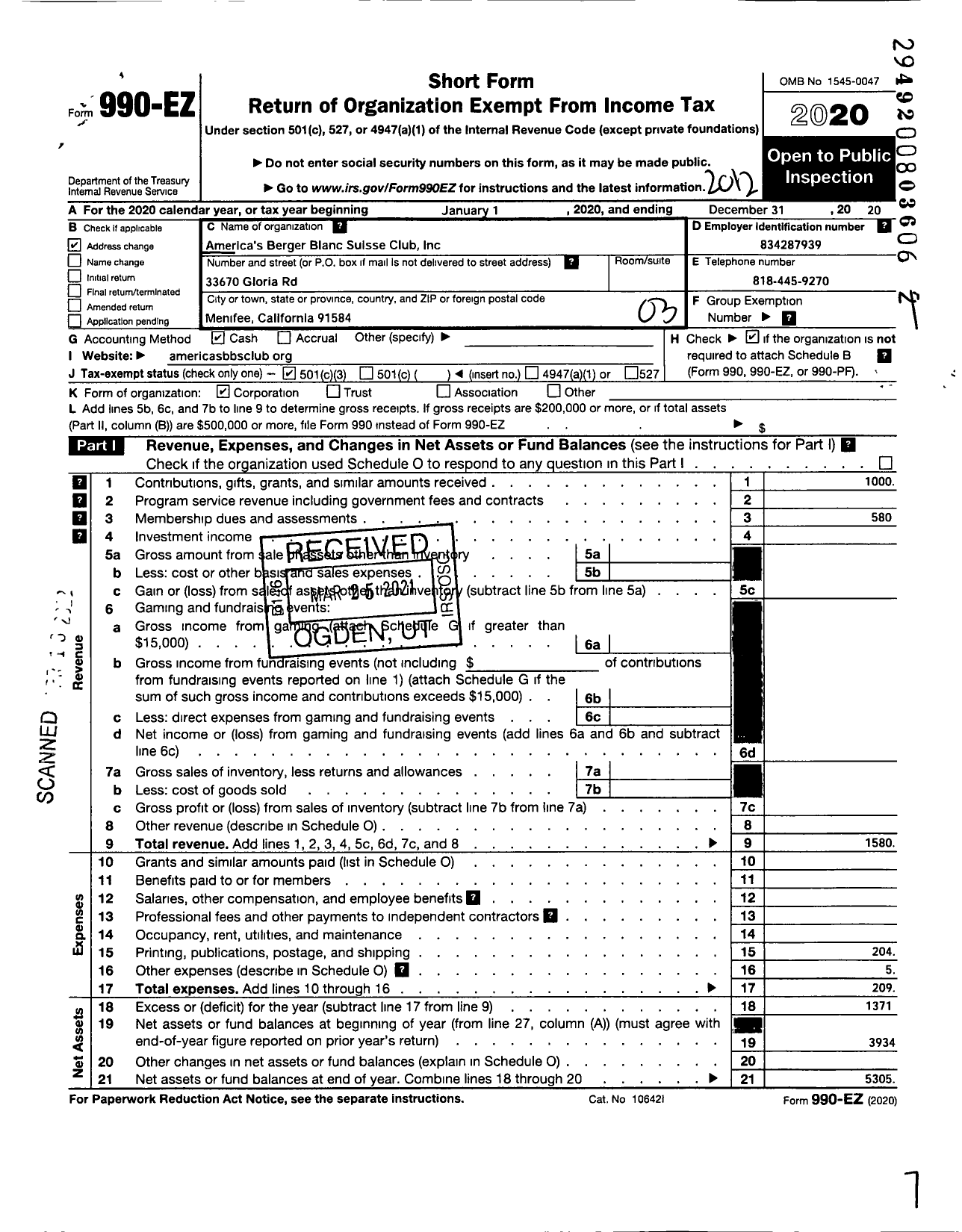 Image of first page of 2020 Form 990EZ for America S Berger Blanc Suisse Club