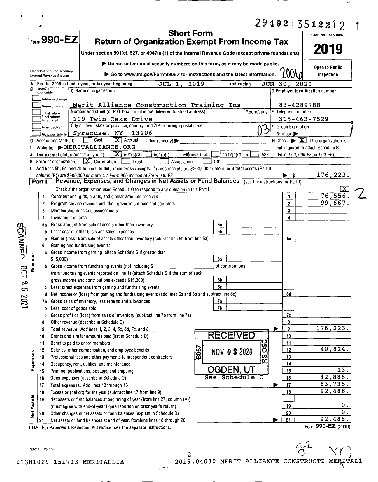 Image of first page of 2019 Form 990EZ for Merit Alliance