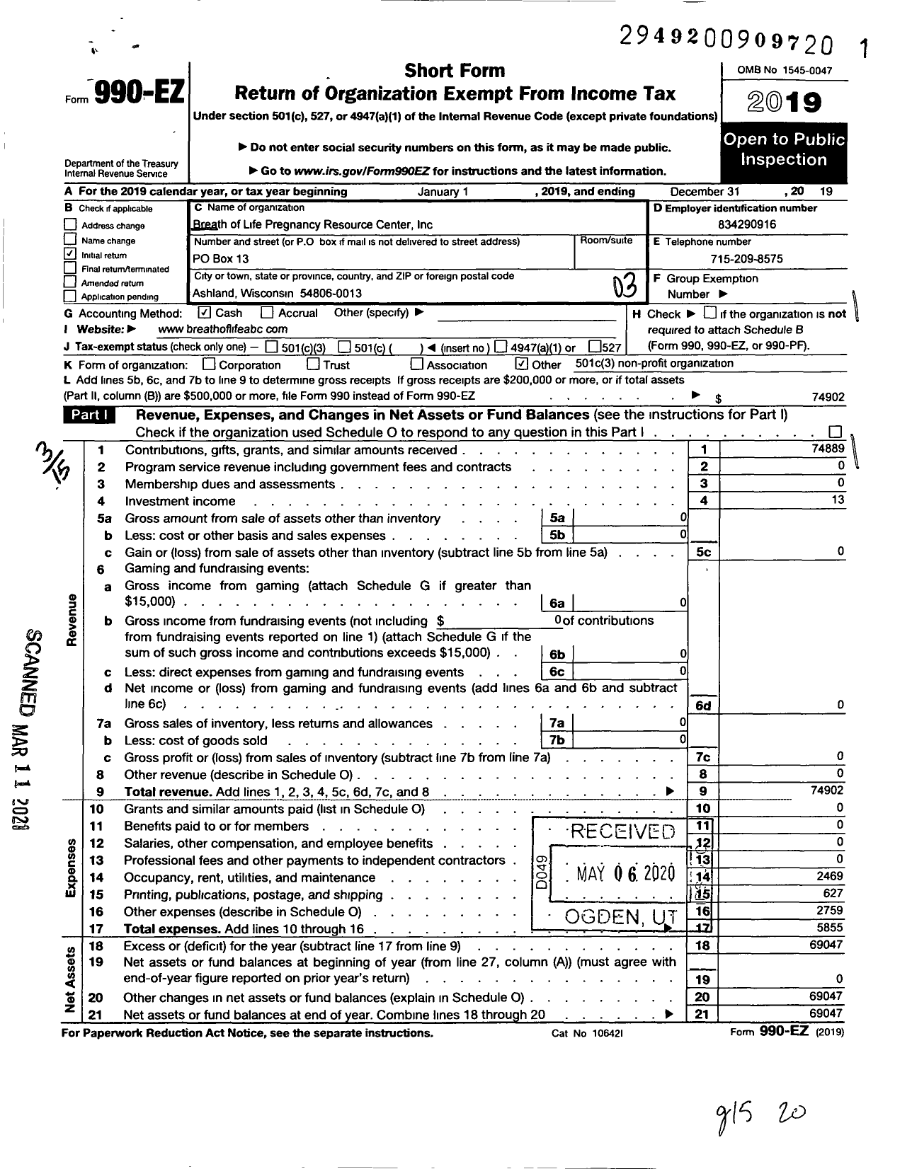 Image of first page of 2019 Form 990EZ for Chequamegon Pregnancy Center