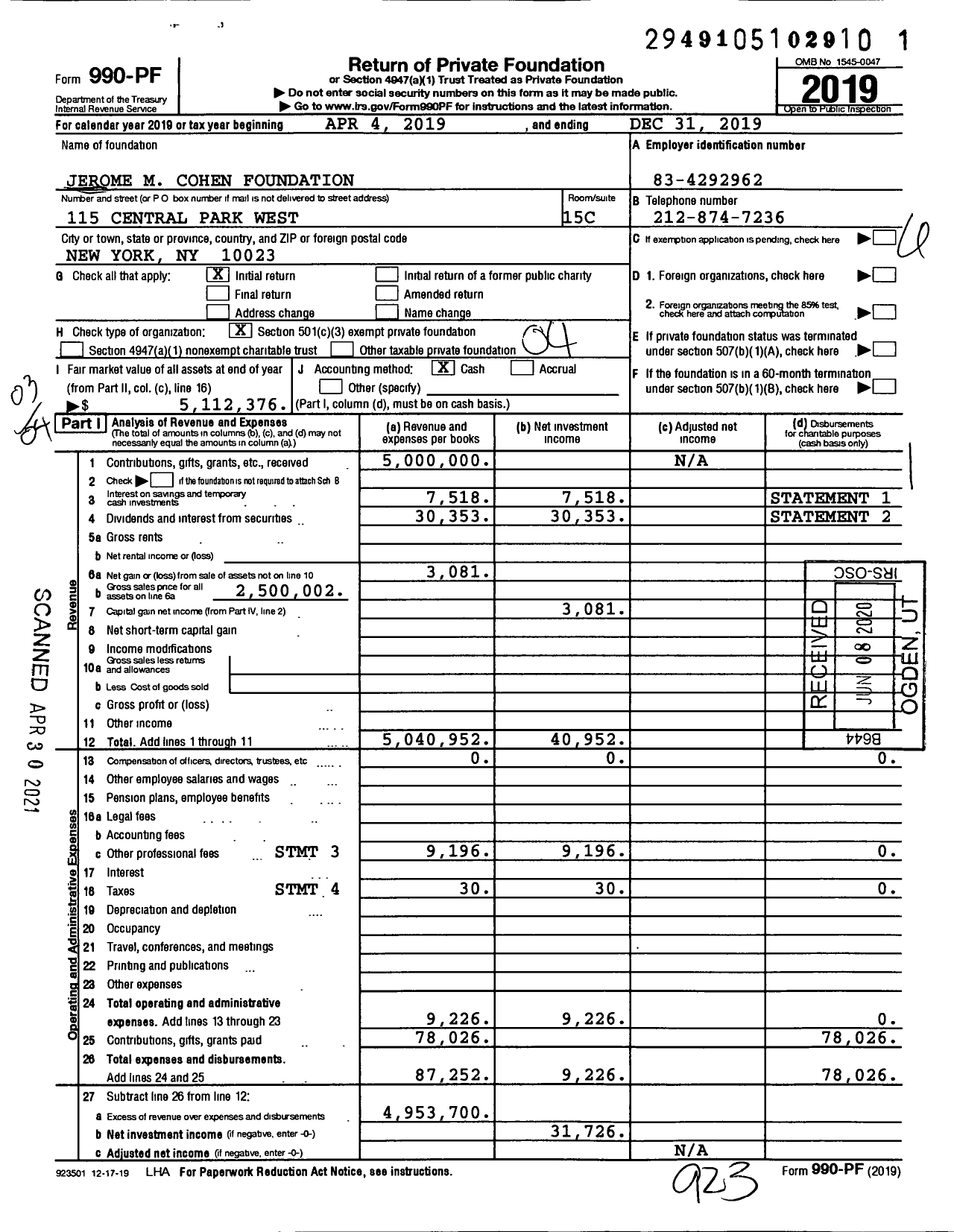 Image of first page of 2019 Form 990PF for Jerome M Cohen Foundation