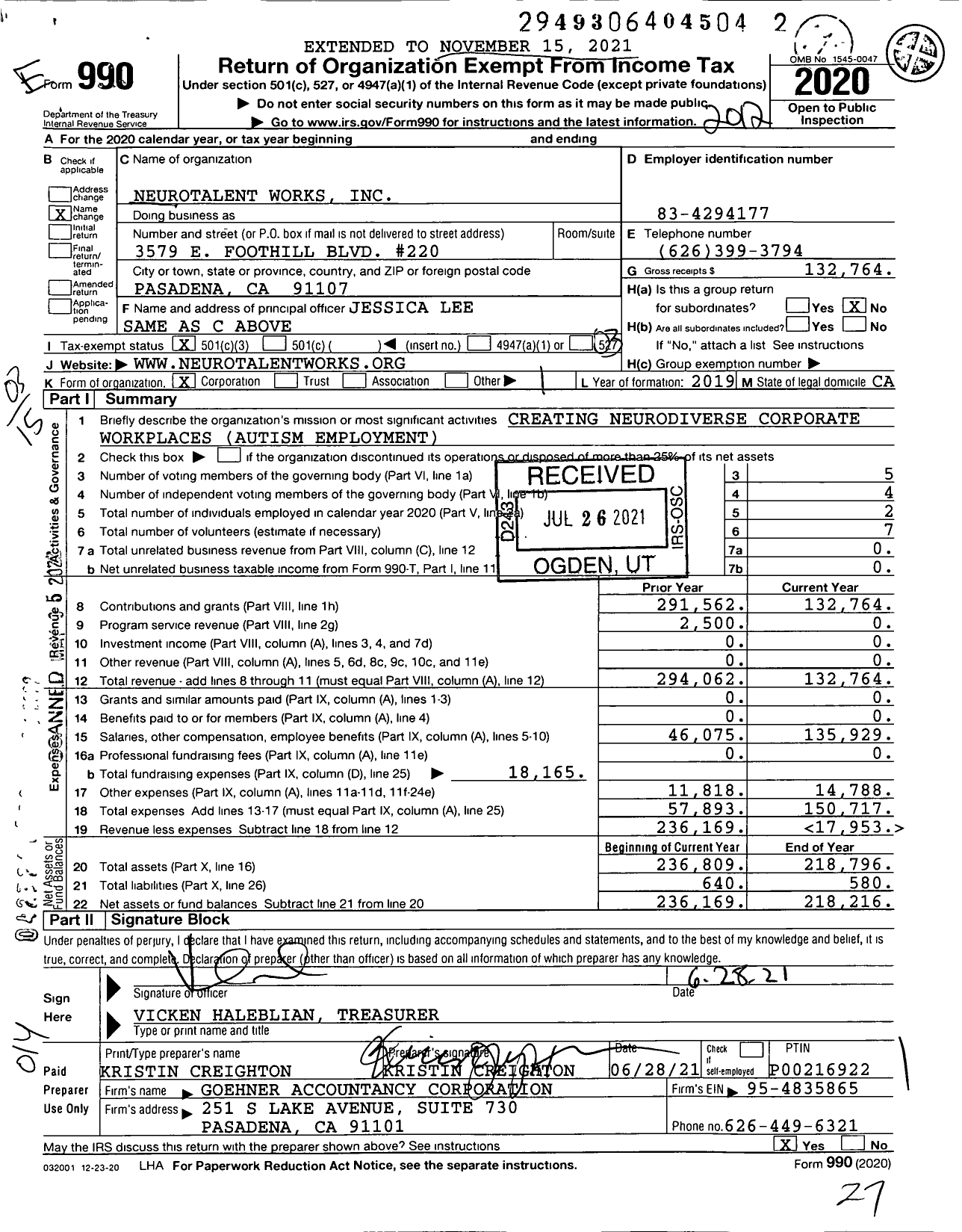 Image of first page of 2020 Form 990 for Neurotalent Works