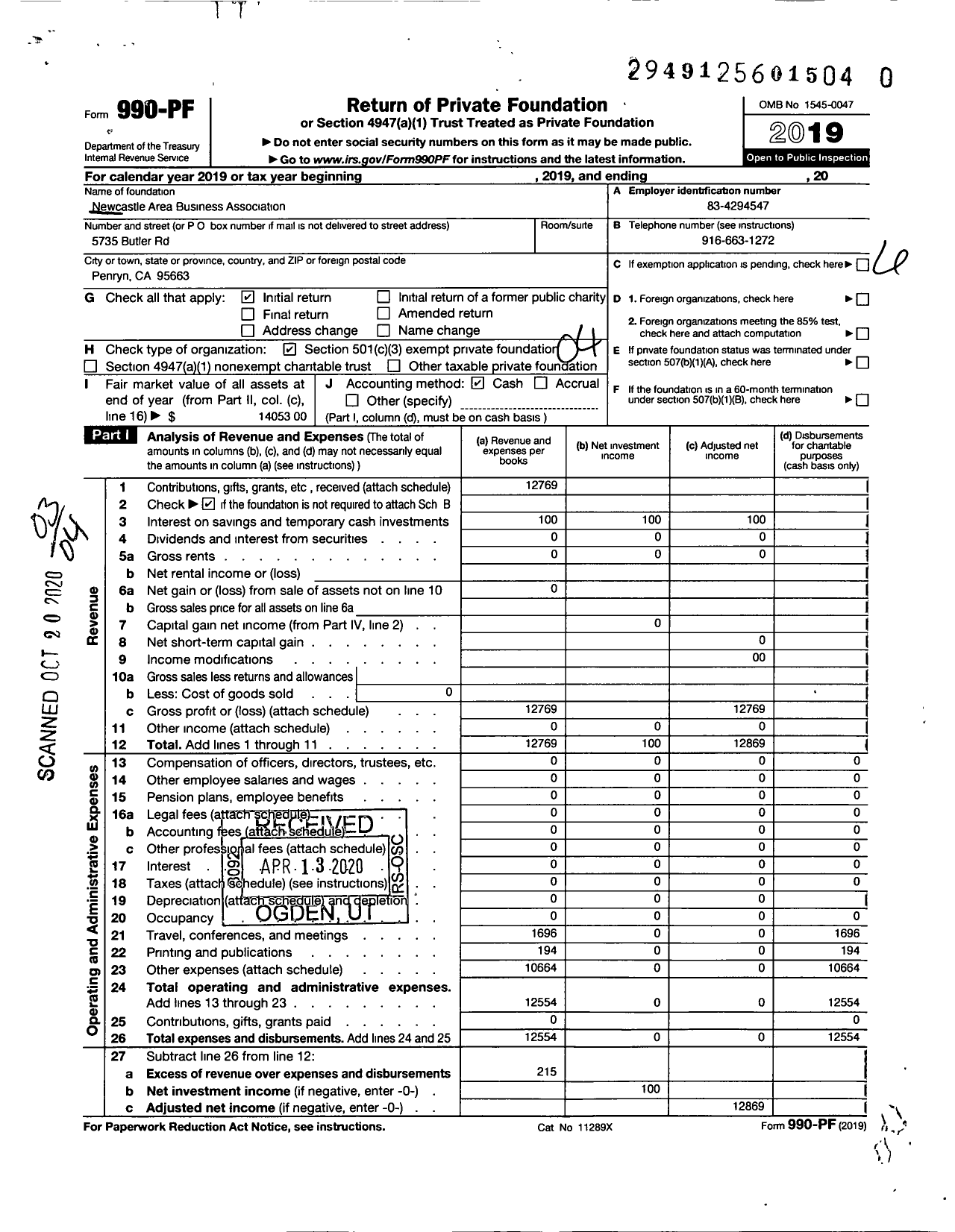 Image of first page of 2019 Form 990PR for Newcastle Area Business Association