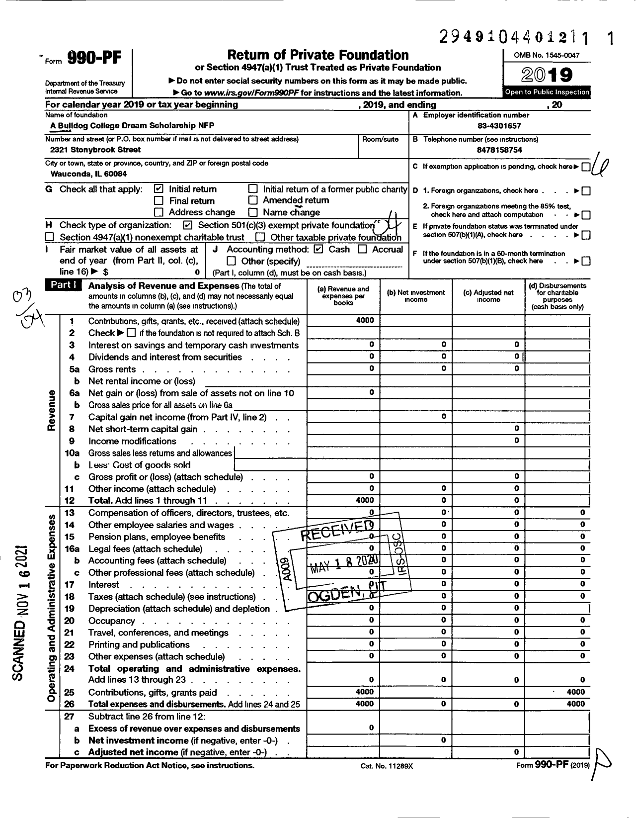 Image of first page of 2019 Form 990PF for A Bulldog College Dream Scholarship NFP