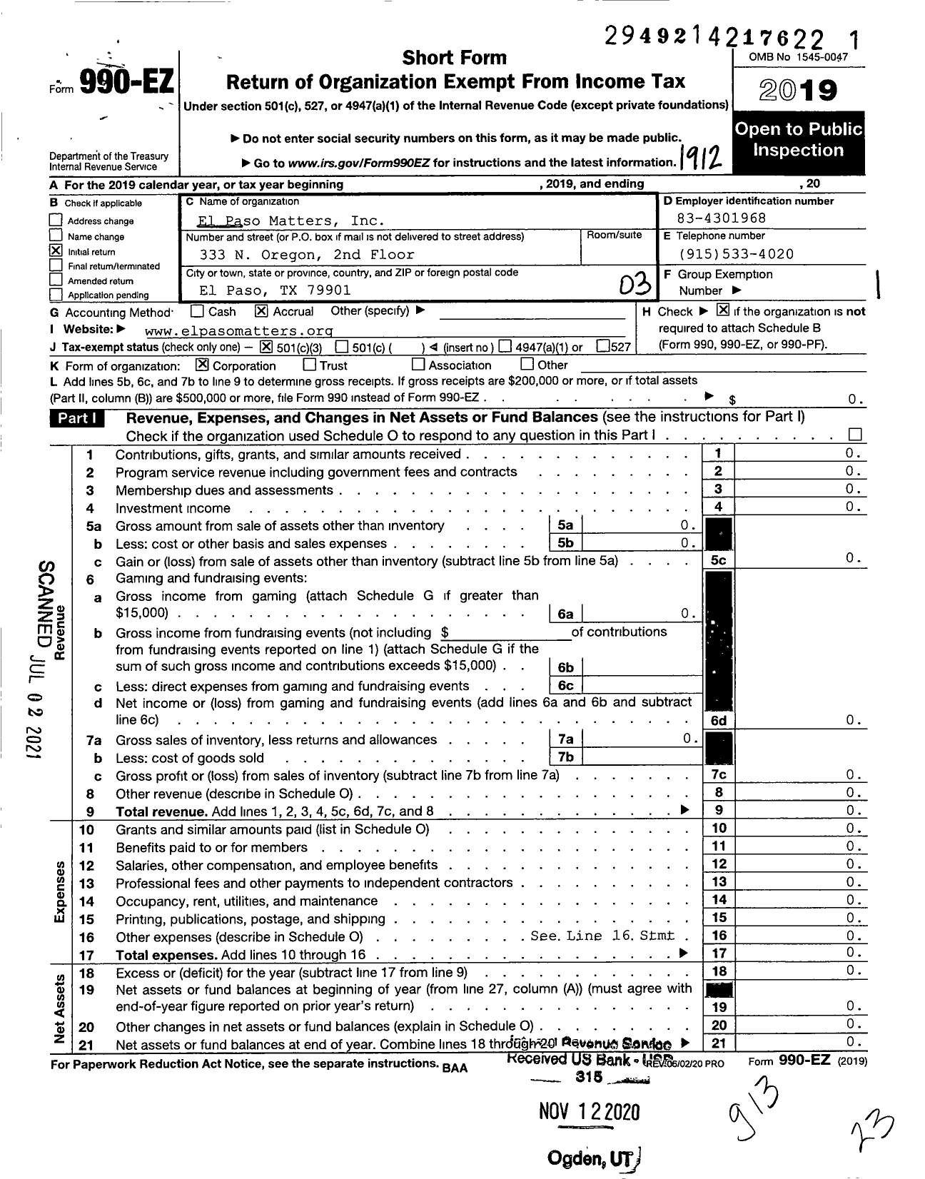 Image of first page of 2019 Form 990EZ for El Paso Matters