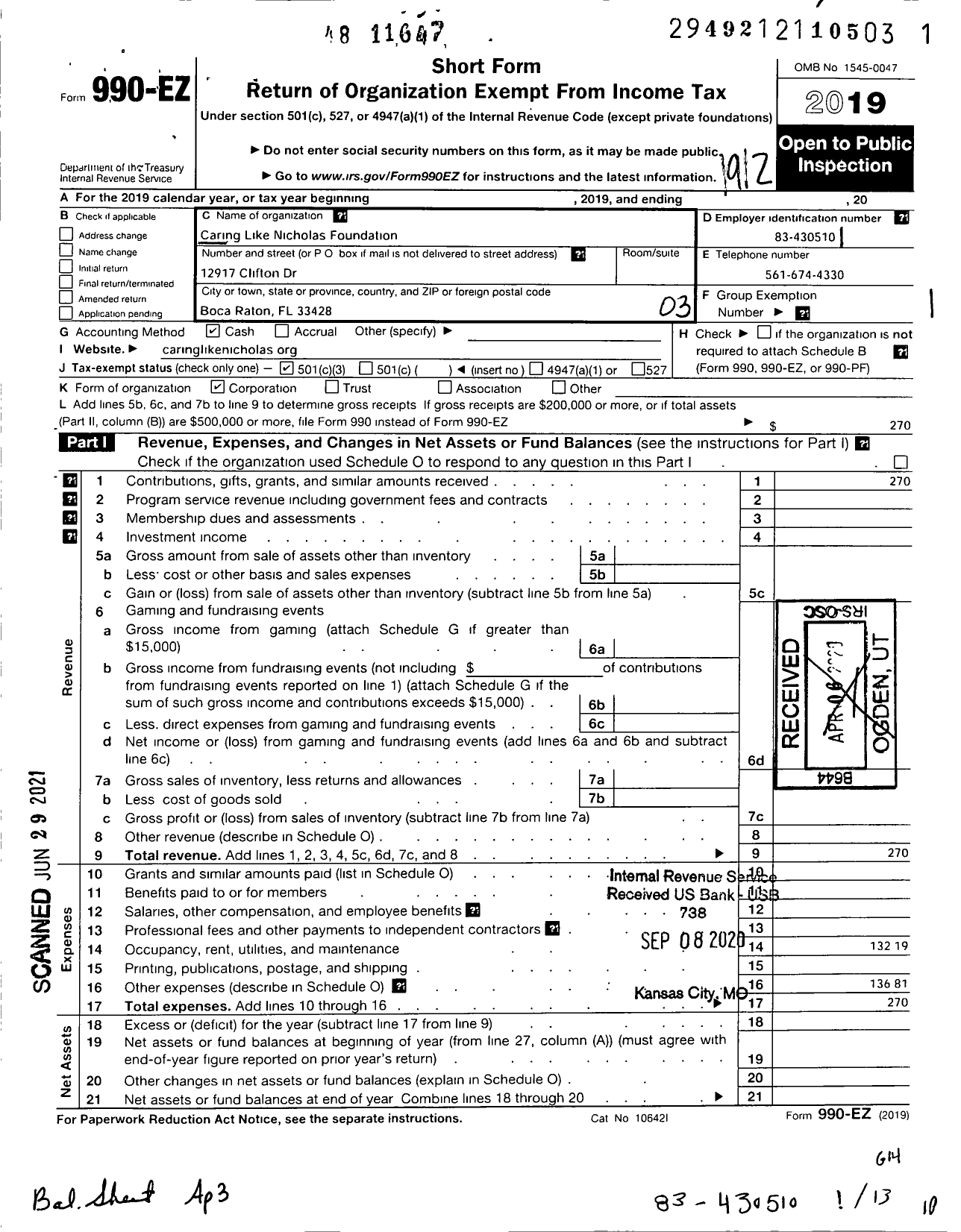 Image of first page of 2019 Form 990EZ for Caring Like Nicholas Foundation