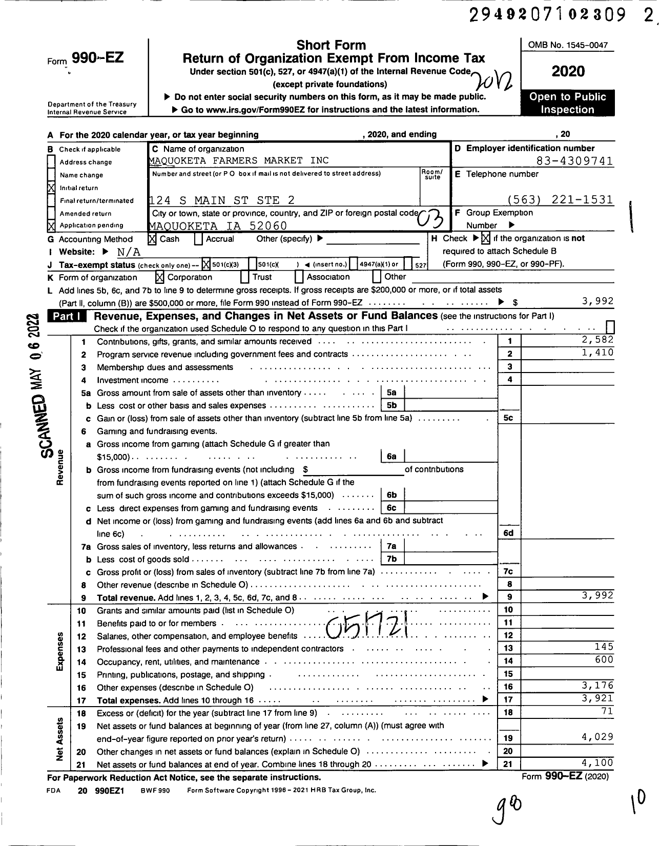 Image of first page of 2020 Form 990EZ for Maquoketa Farmers Market