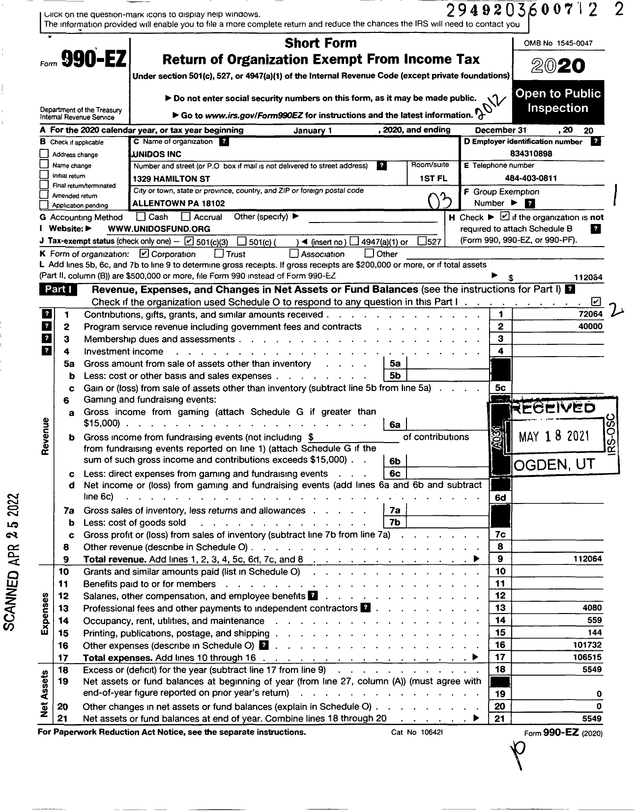 Image of first page of 2020 Form 990EZ for Unidos