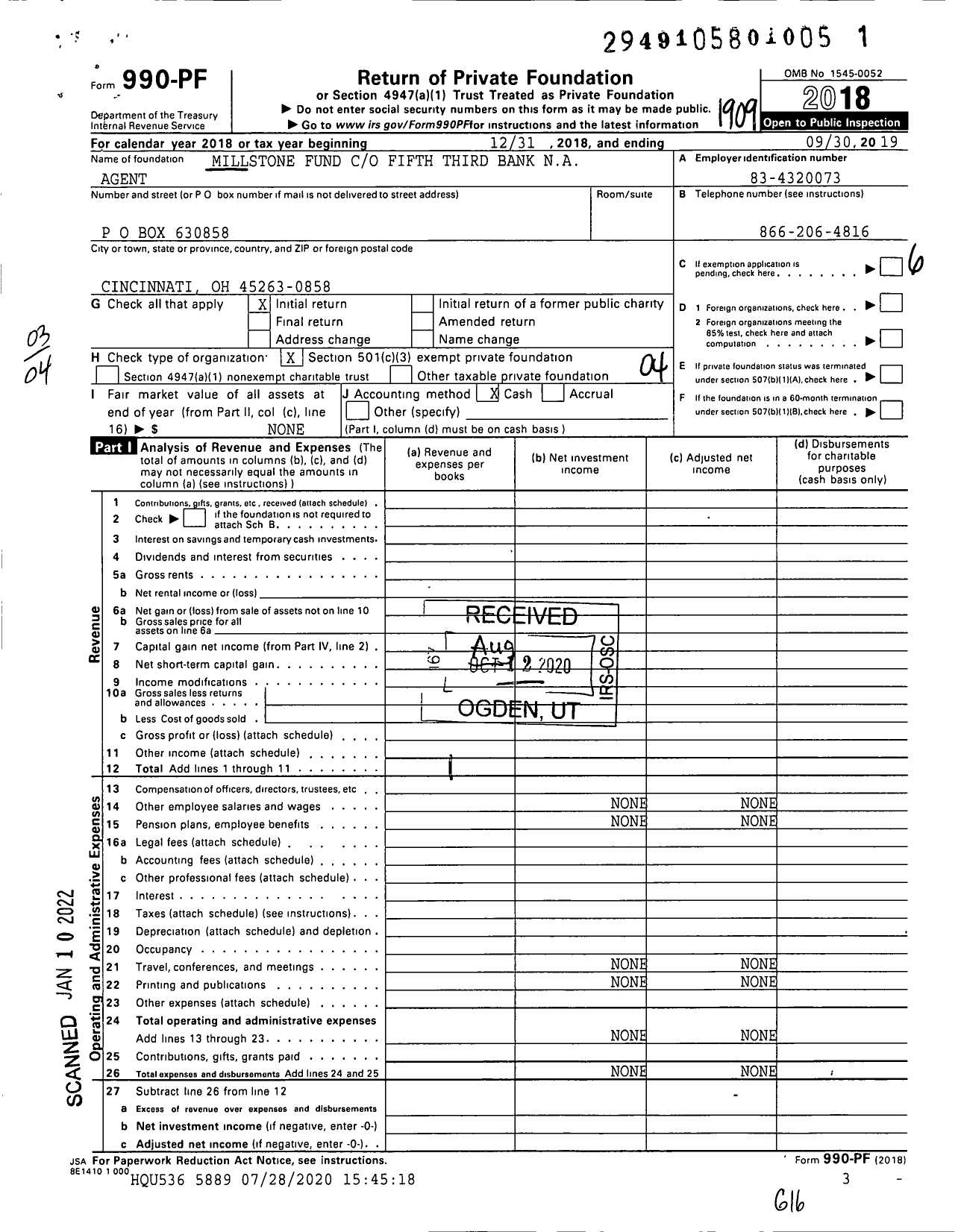 Image of first page of 2018 Form 990PF for Millstone Fund