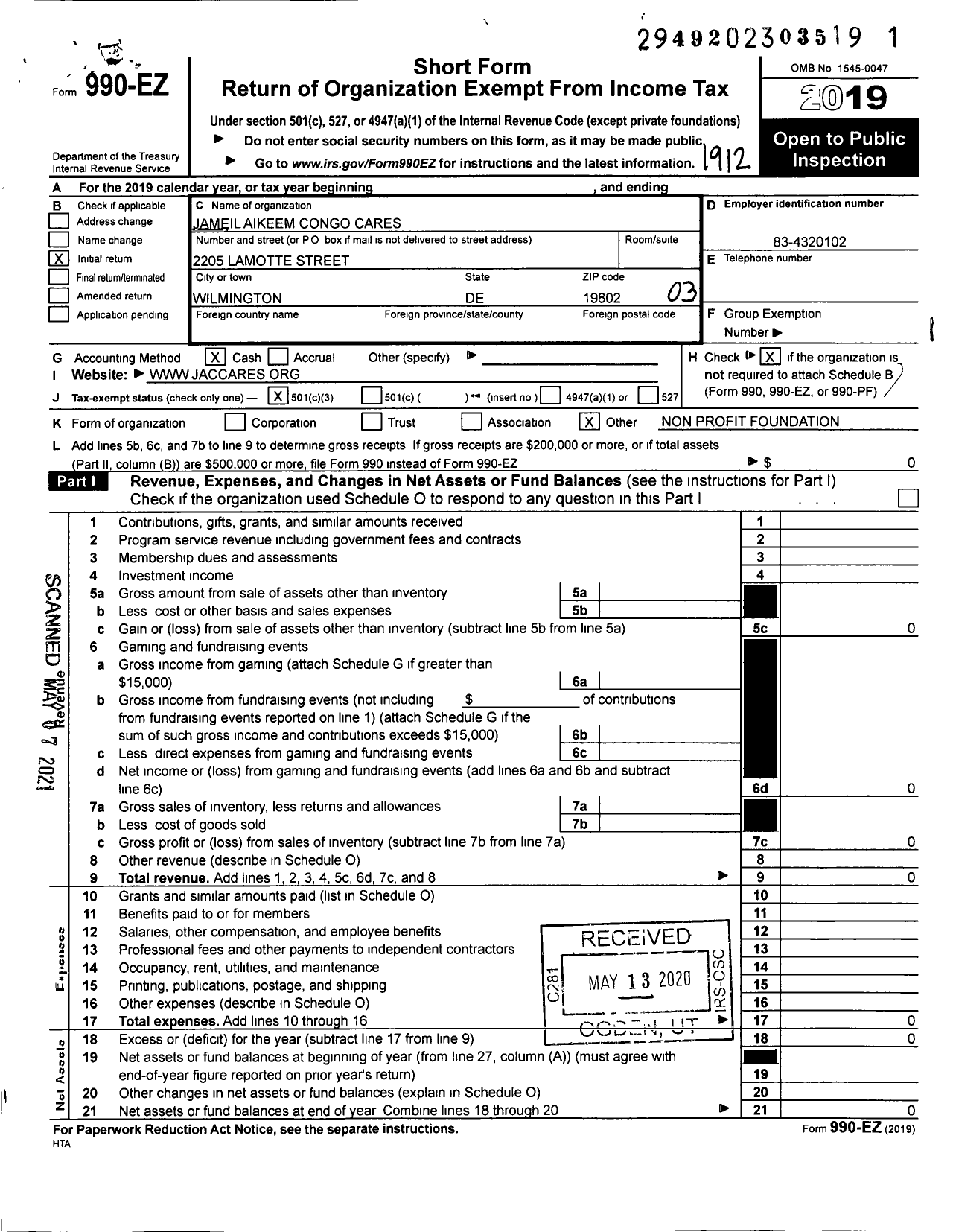 Image of first page of 2019 Form 990EZ for Jameil Aikeem Congo Cares Foundation