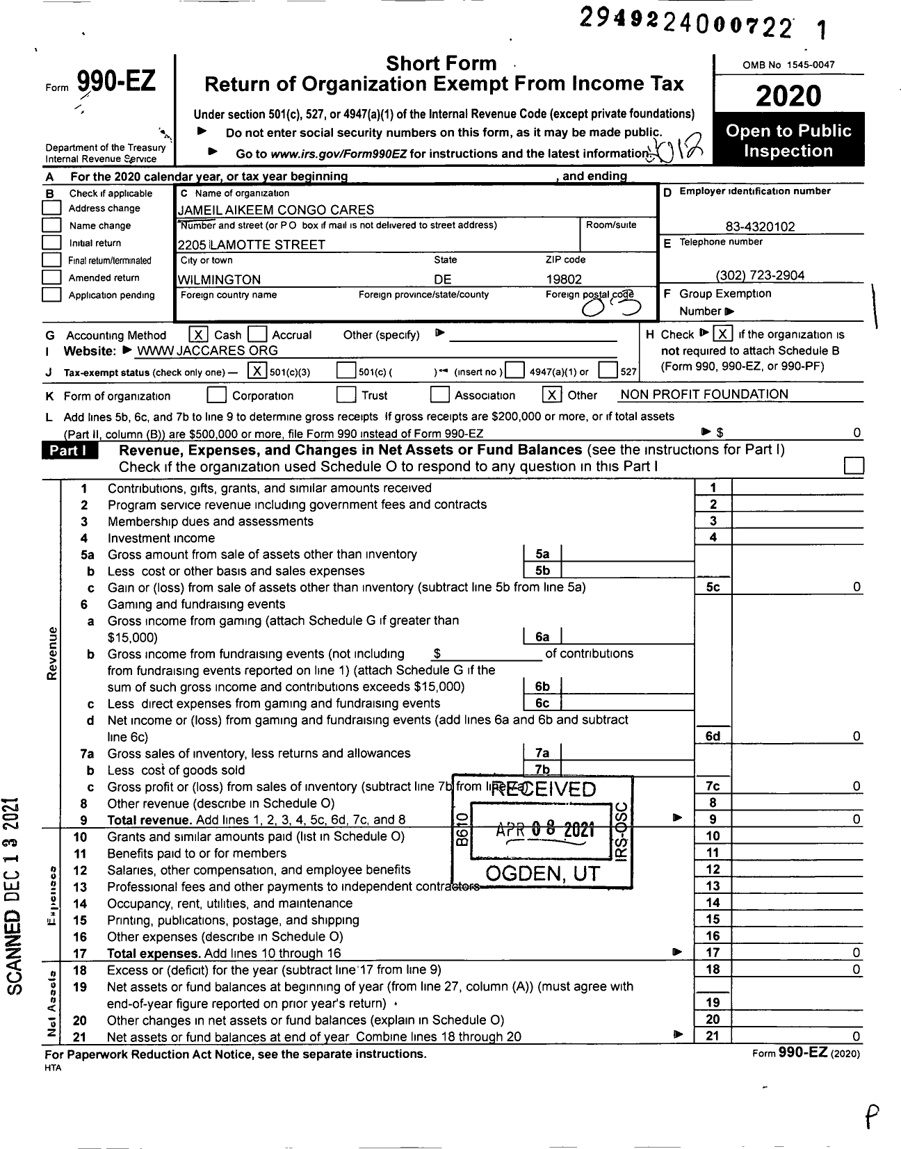 Image of first page of 2020 Form 990EZ for Jameil Aikeem Congo Cares Foundation