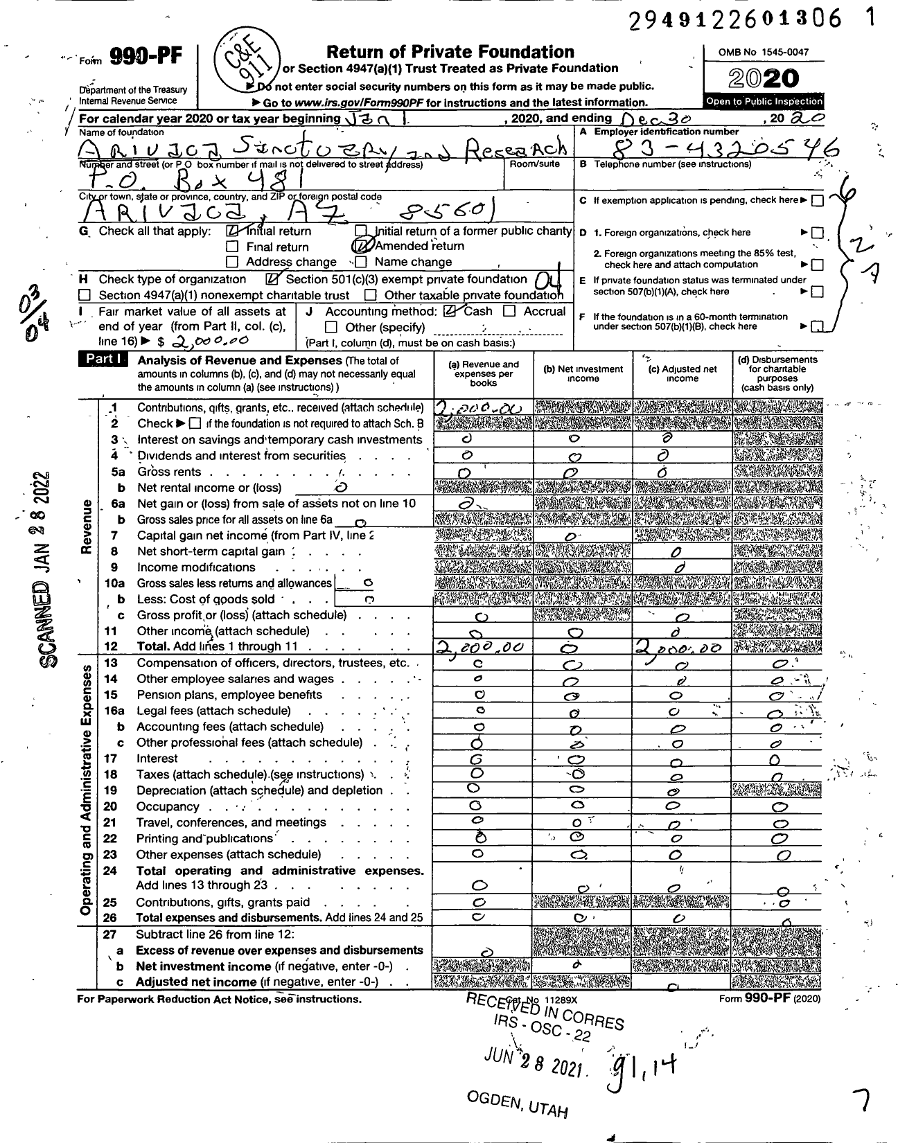Image of first page of 2020 Form 990PF for Arivaca Sanctuary and Research