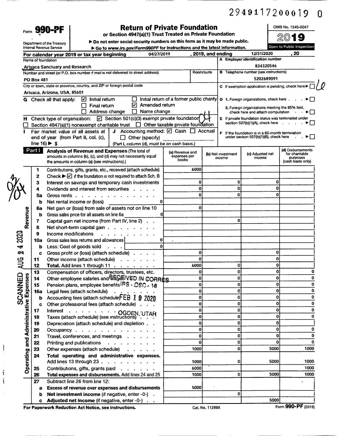 Image of first page of 2019 Form 990PR for Arivaca Sanctuary and Research