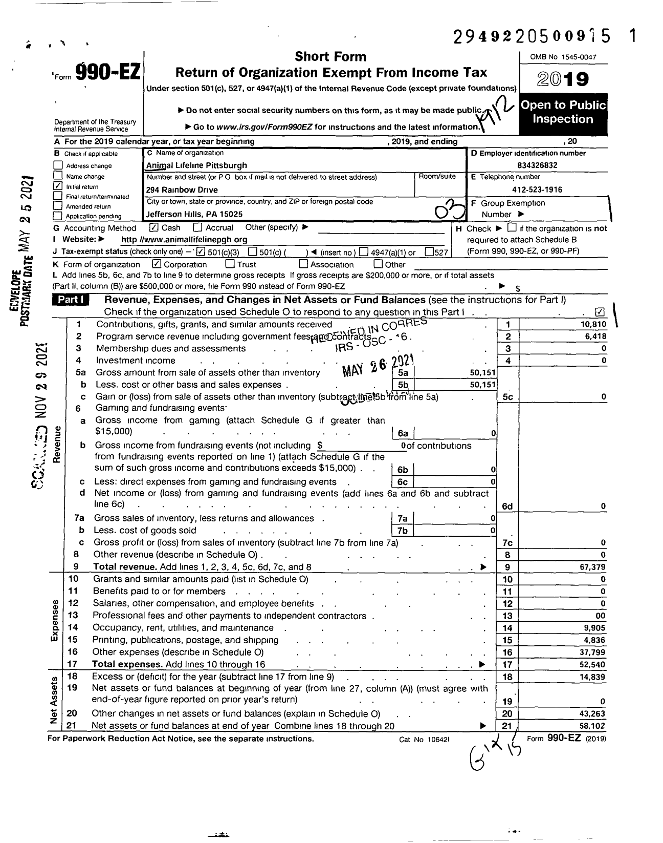 Image of first page of 2019 Form 990EZ for Animal Lifeline Pittsburgh