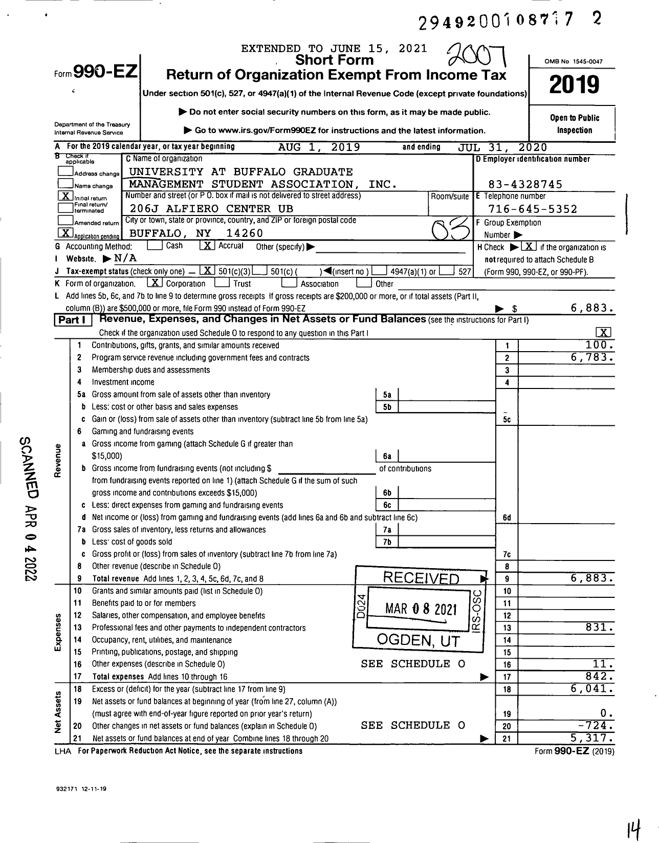 Image of first page of 2019 Form 990EZ for University at Buffalo Graduate Management Student Association