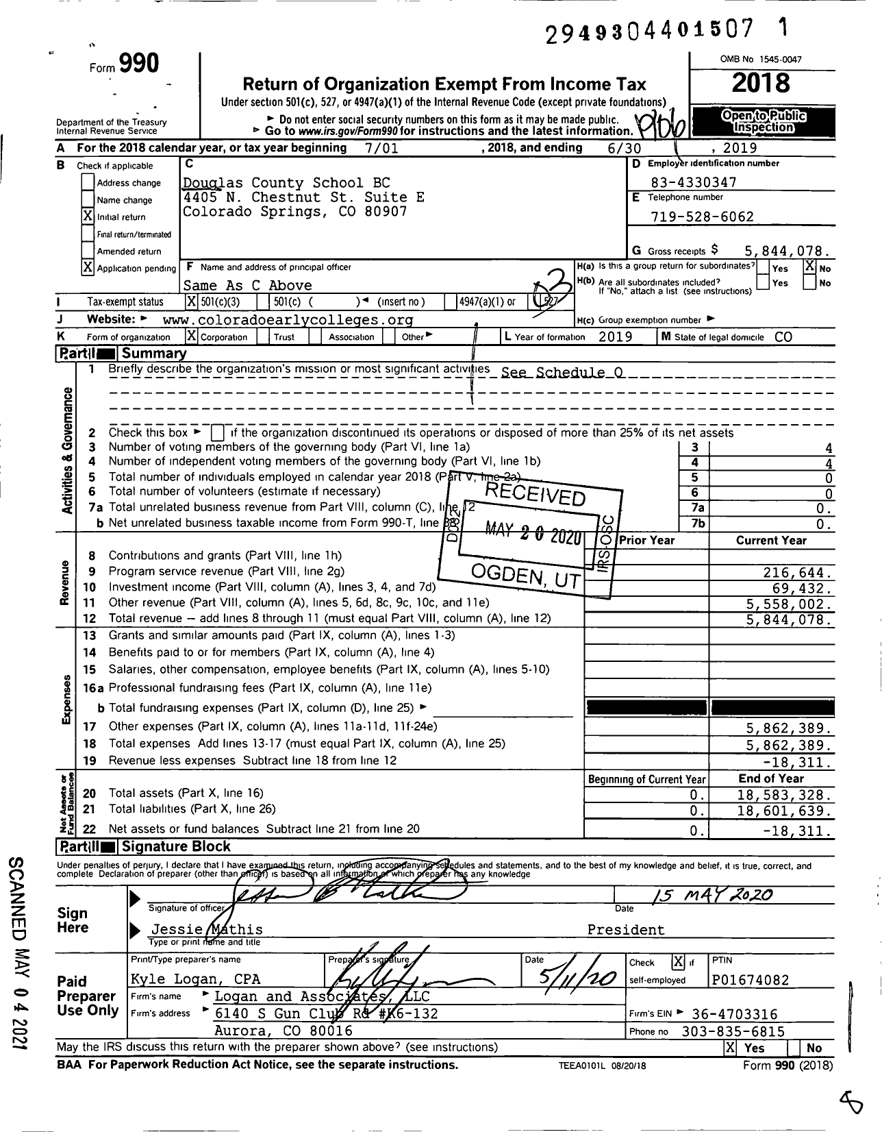 Image of first page of 2018 Form 990 for Douglas County School BC