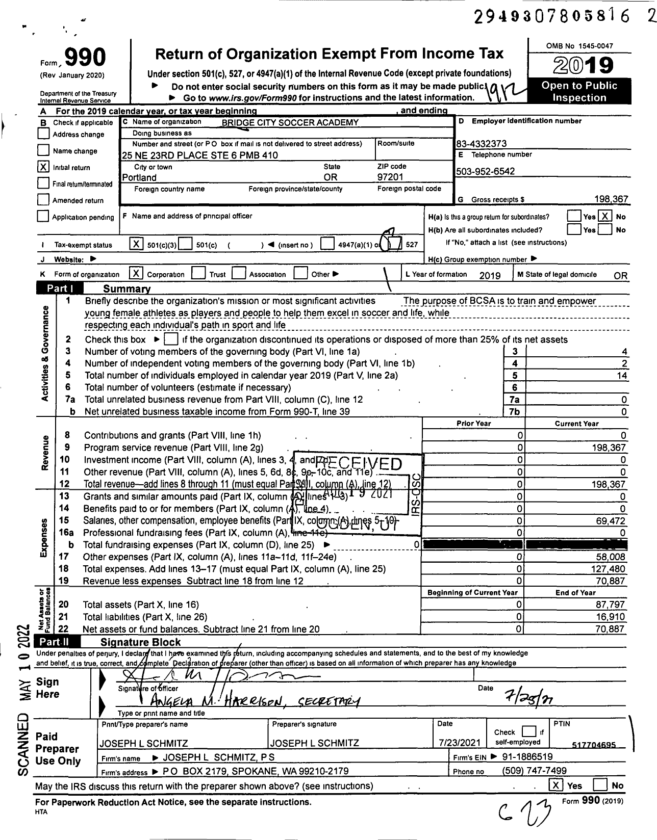 Image of first page of 2019 Form 990 for Bridge City Soccer Academy