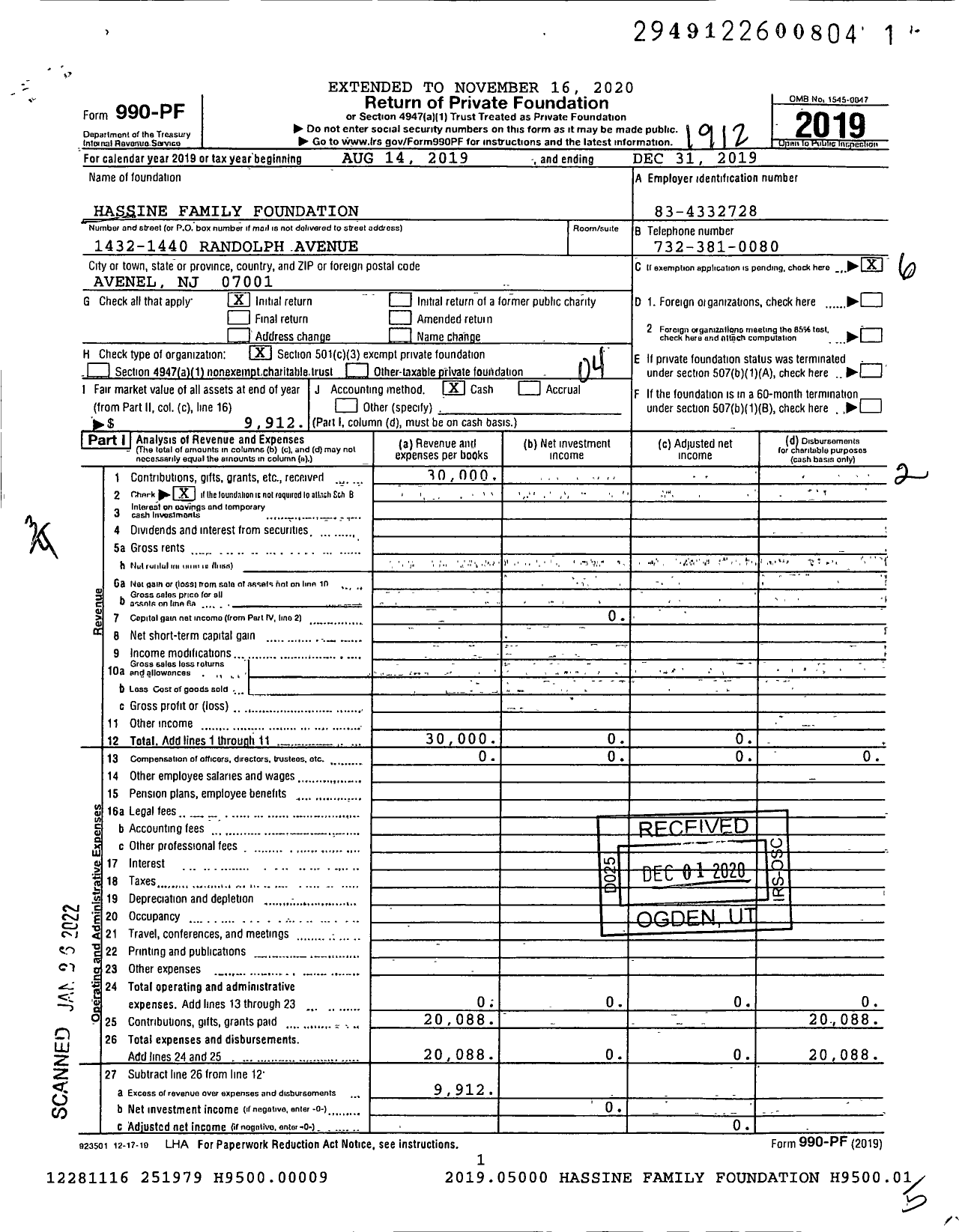 Image of first page of 2019 Form 990PF for Hassine Family Foundation