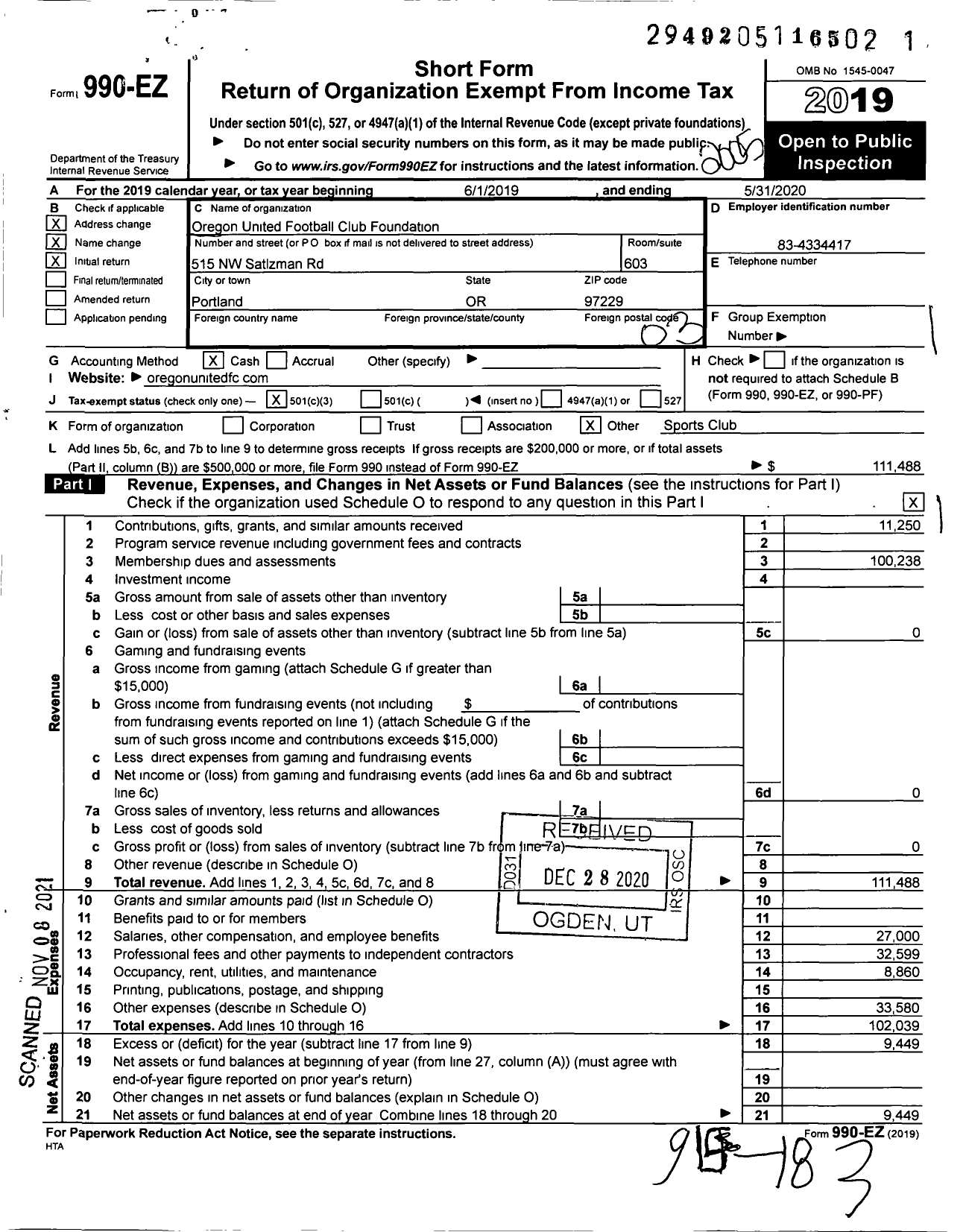 Image of first page of 2019 Form 990EZ for Oregon United Football Club Foundation