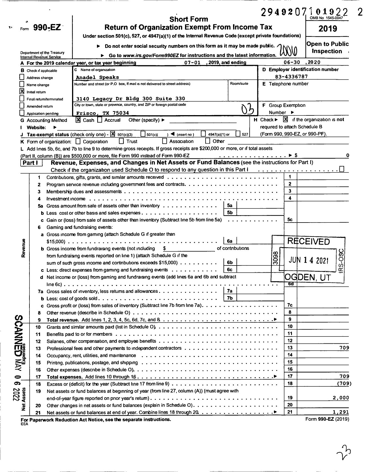 Image of first page of 2019 Form 990EZ for Anadel Speaks