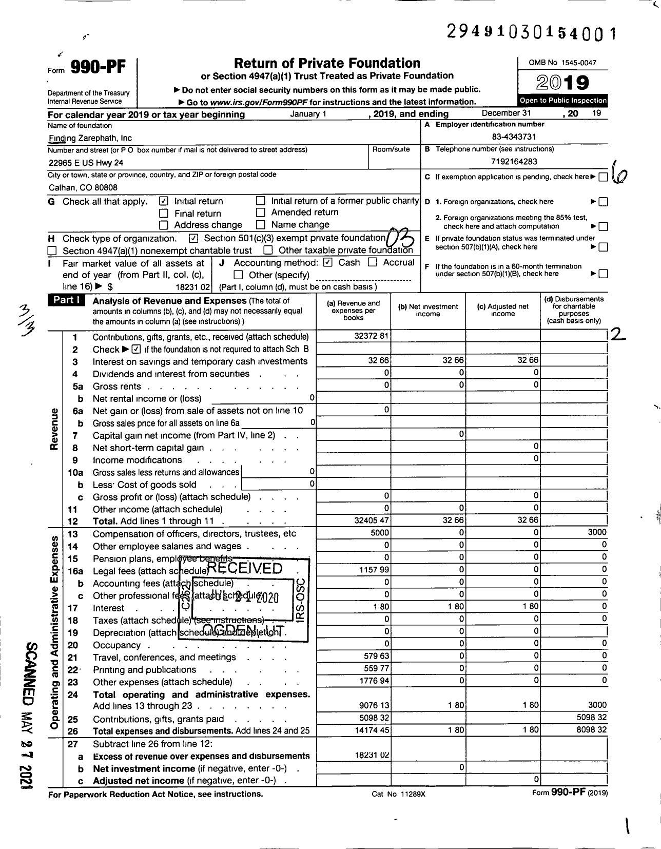 Image of first page of 2019 Form 990PF for Finding Zarephath