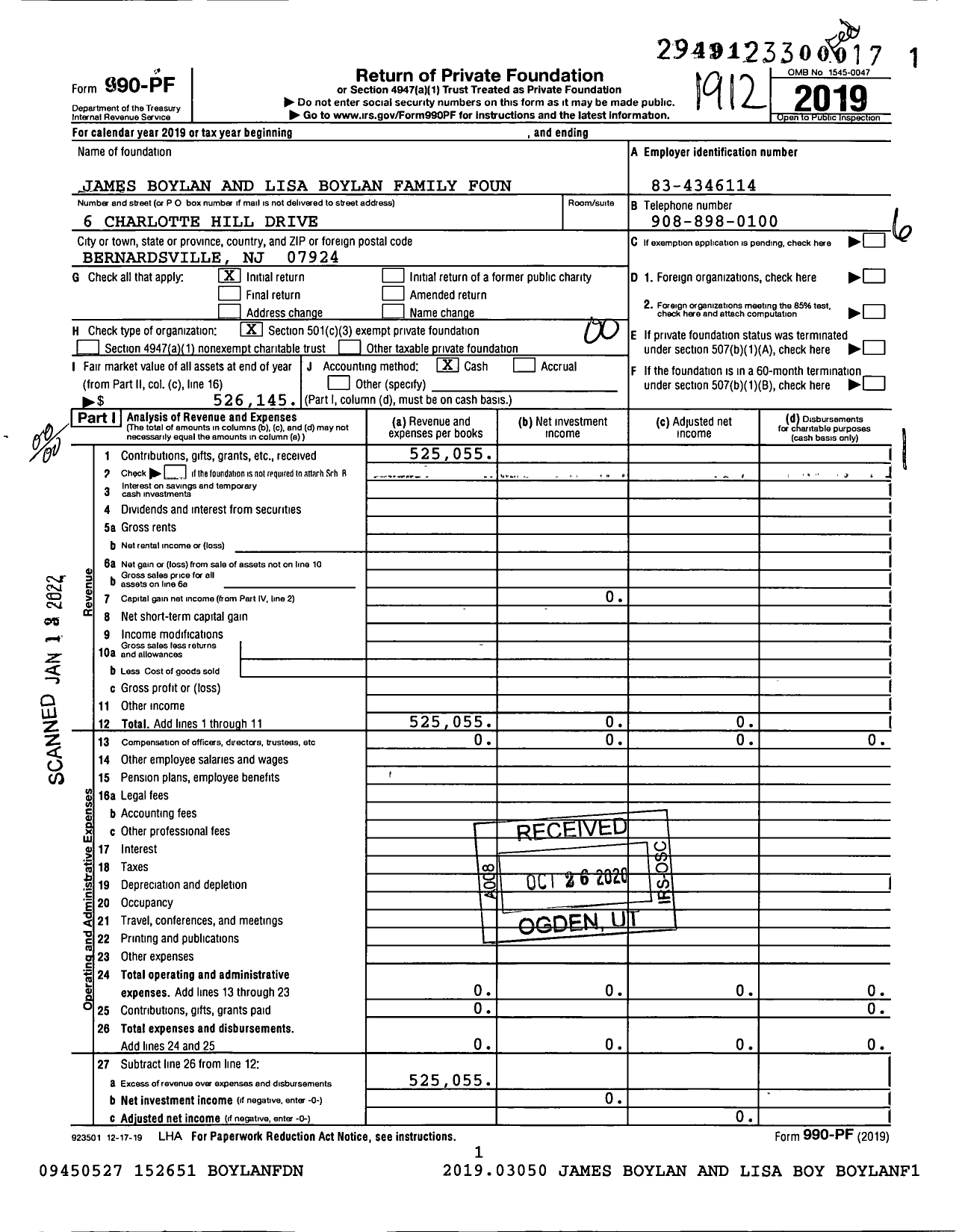 Image of first page of 2019 Form 990PF for James Boylan and Lisa Boylan Family Foundation