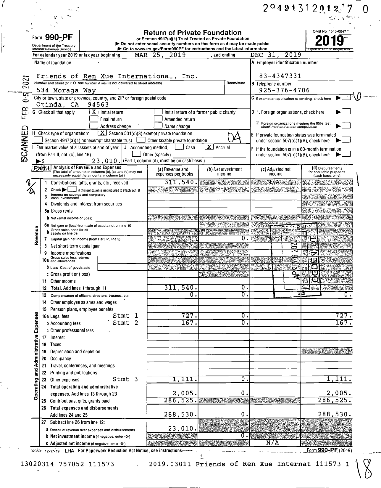 Image of first page of 2019 Form 990PF for Friends of Ren Xue International